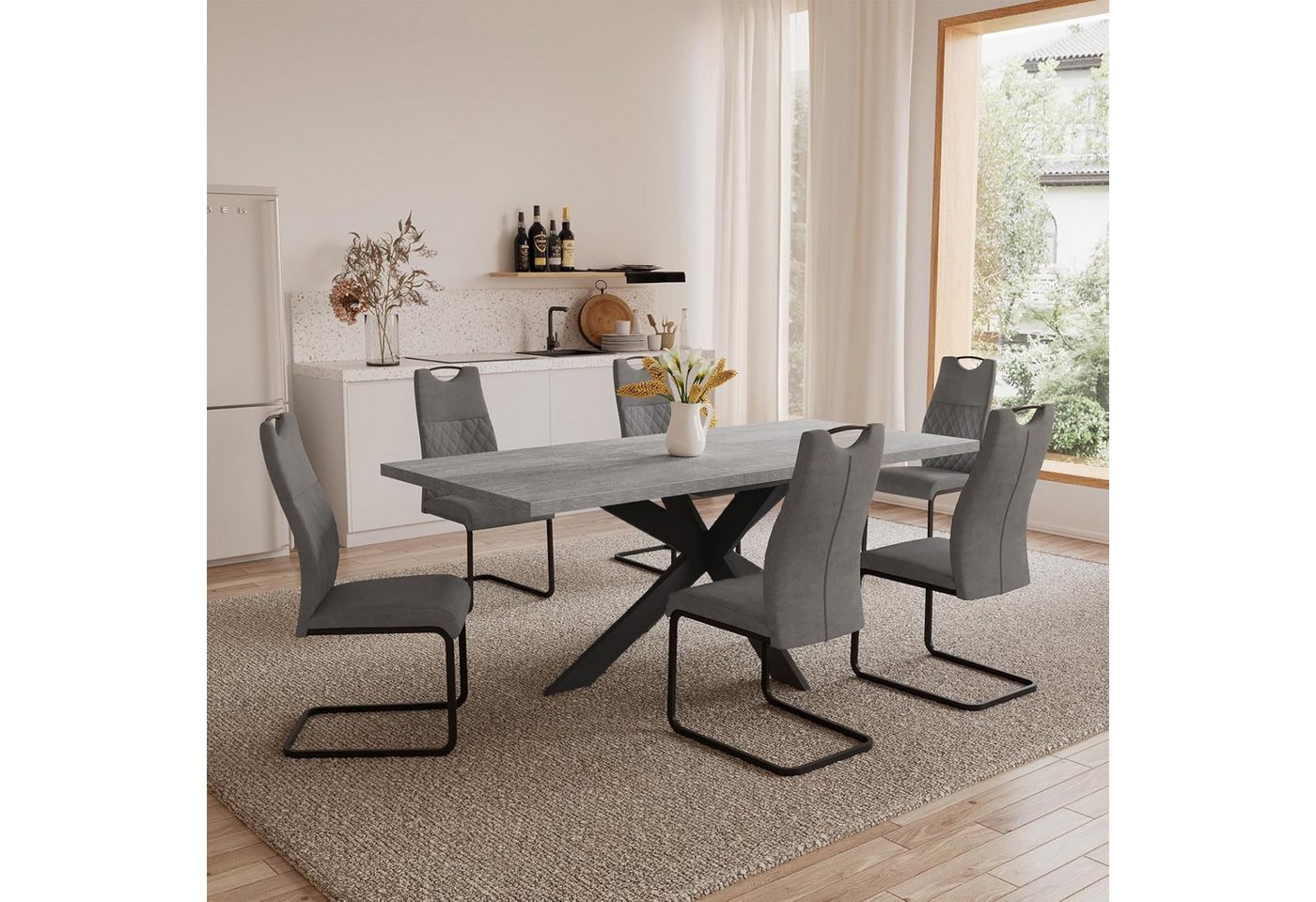 Jiexi Essgruppe Tisch-und Stuhlset, Ausziehbarer Esstisch (130–170 cm) mit 4-6 Stühlen
