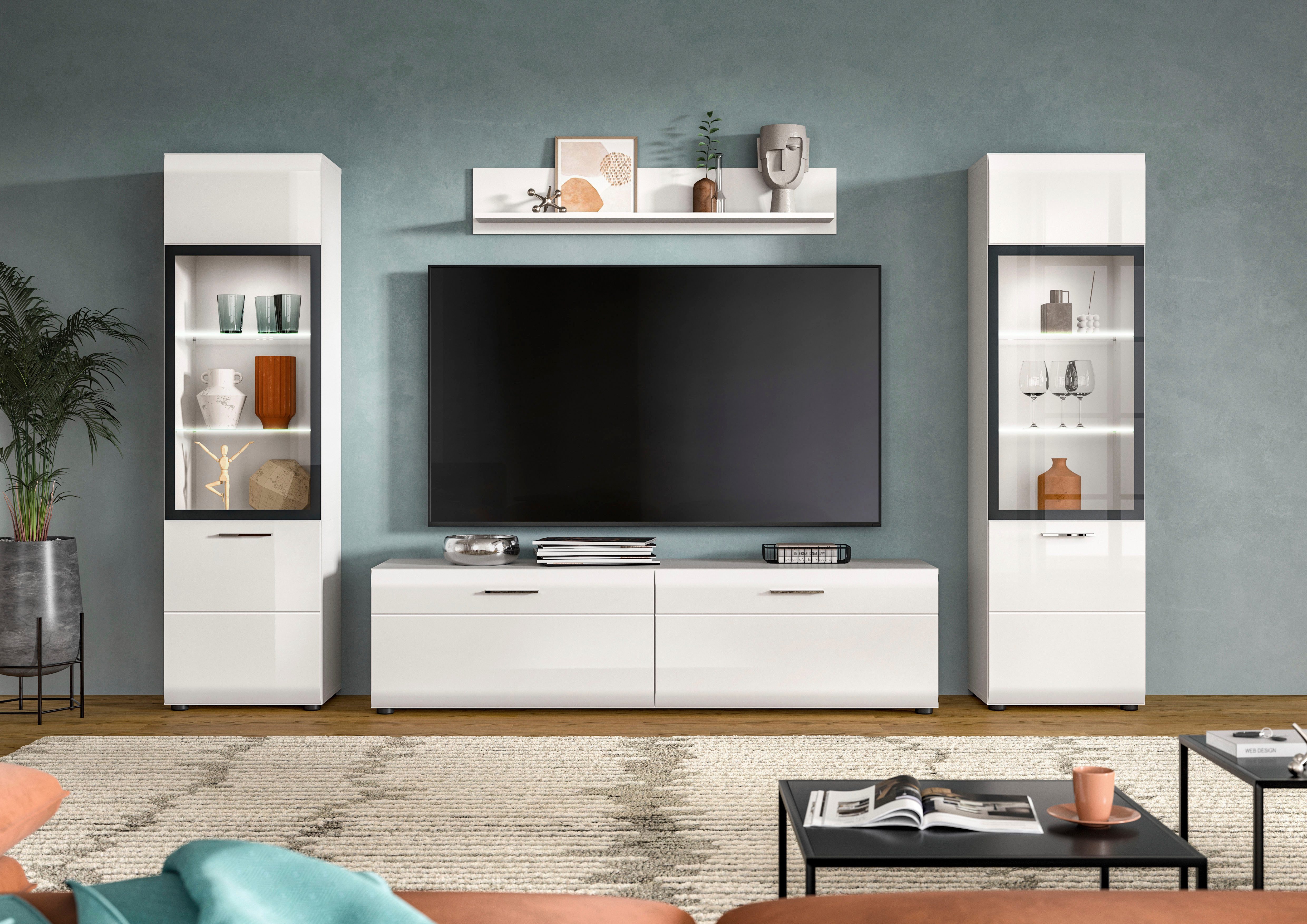 Home affaire Wohnwand FLORENZ, 4-teilige Wohn-Kombination, hochwertige MDF-Front, (Set, 4-St., Set, best. aus: 2 Vitrinen, 1 Lowboard, 1 Wandboard), Wohn-Kombination, Wohnzimmer-Möbel, Wohnzimmer,Kombination, Kombi