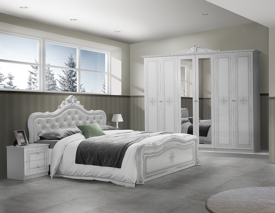 Interdesign24 Schlafzimmer-Set Livia, (im klassischen Barock Stil, 4-Teilig), Weiß/Silber Hochglanz