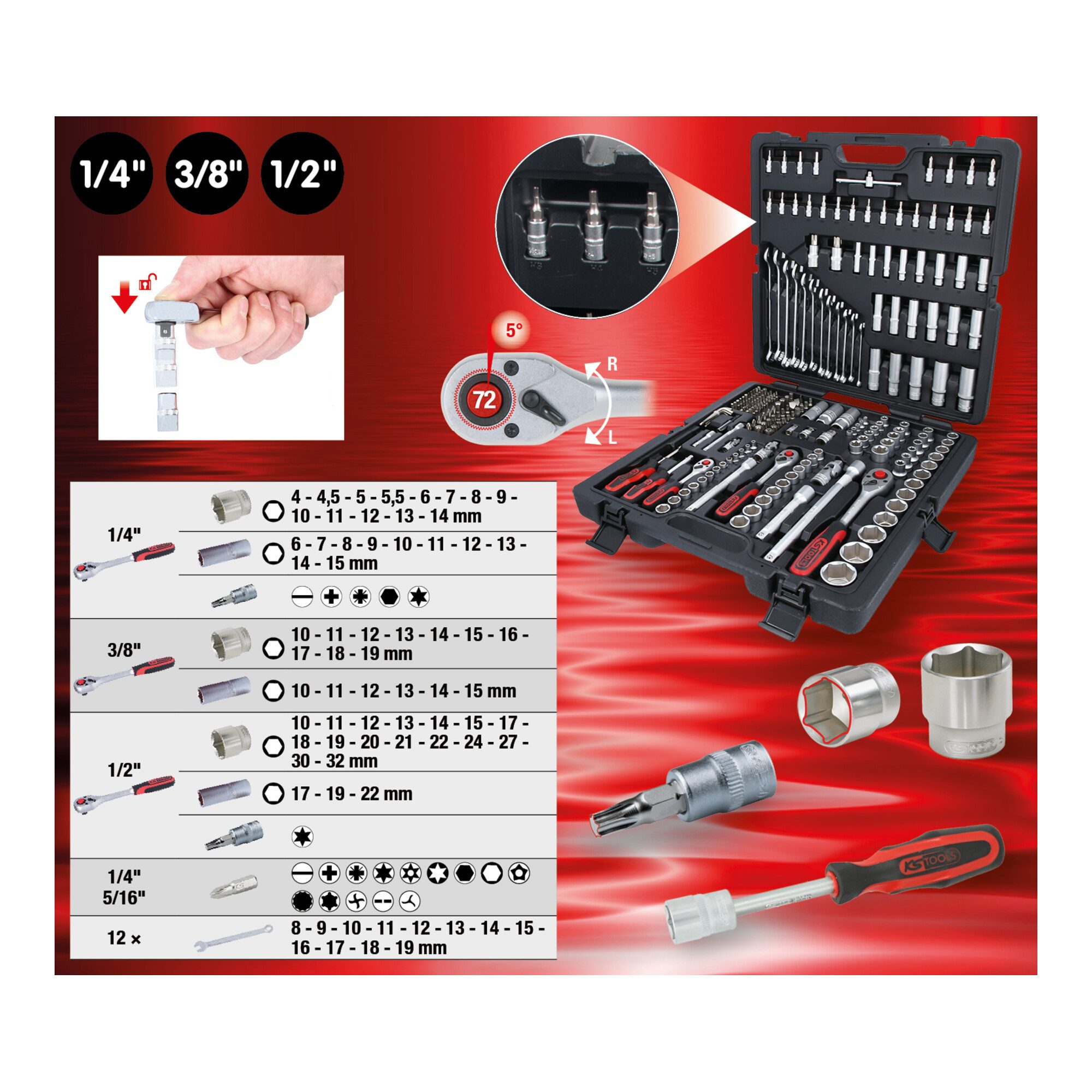 KS Tools Steckschlüssel KS Tools 1/4 Zoll+3/8 Zoll+1/2 Zoll Steckschlüssel-Satz, 216-tlg.