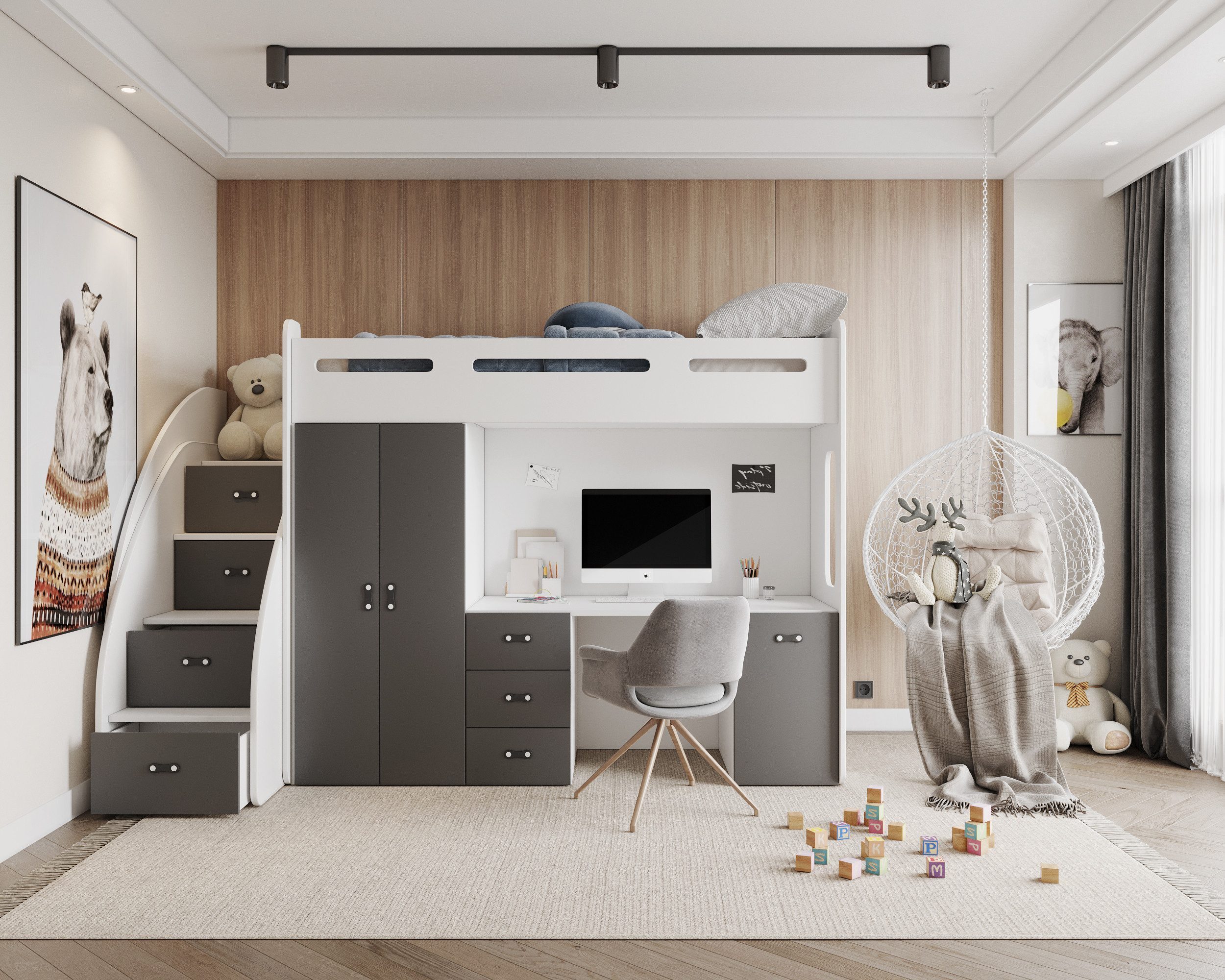 thematys Etagenbett 80x200cm mit Treppe, Schrank und Schreibtisch Hochglanz (für Jungen und Mädchen, Jugendbett, Kleiderschrank, Kinderzimmer, 3 in 1, 180cm x 130cm x 259cm)