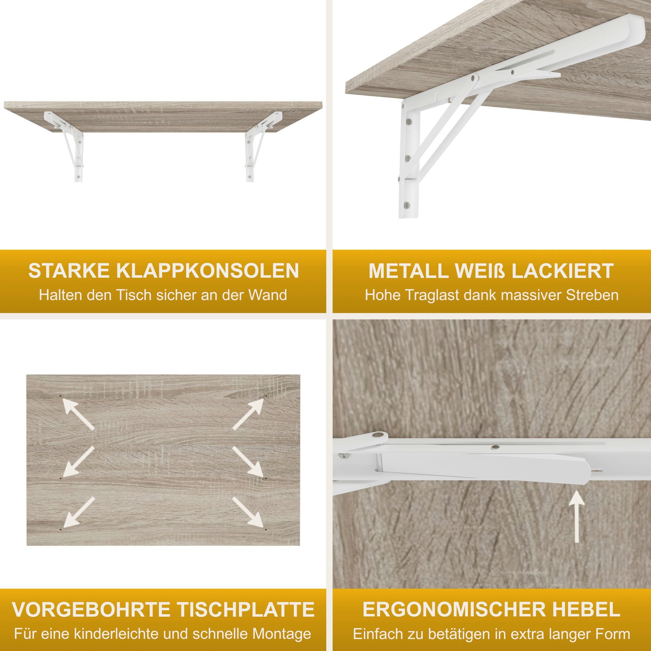 Sonoma Eiche Klapptisch Produktgestaltung Wandklapptisch Tisch, Küchentisch 80x50 Wand Esstisch Schreibtisch KDR