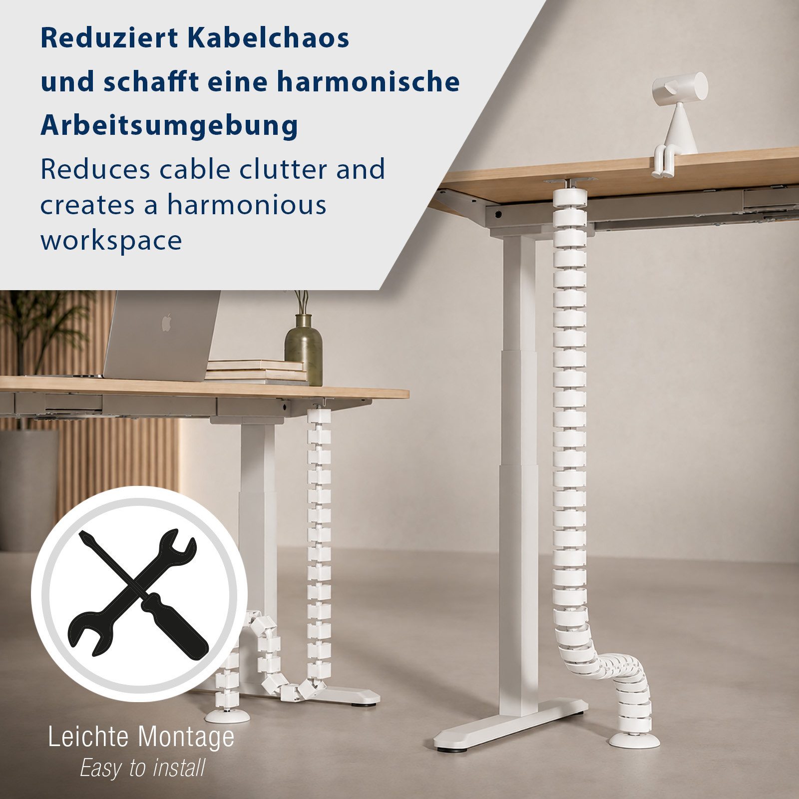 CAVO Kabelführung senkrecht, 27 Segmente, für Schreibtischhöhen bis 1300 mm (1-St), weiß, ideal für höhenverstellbare Tischgestelle