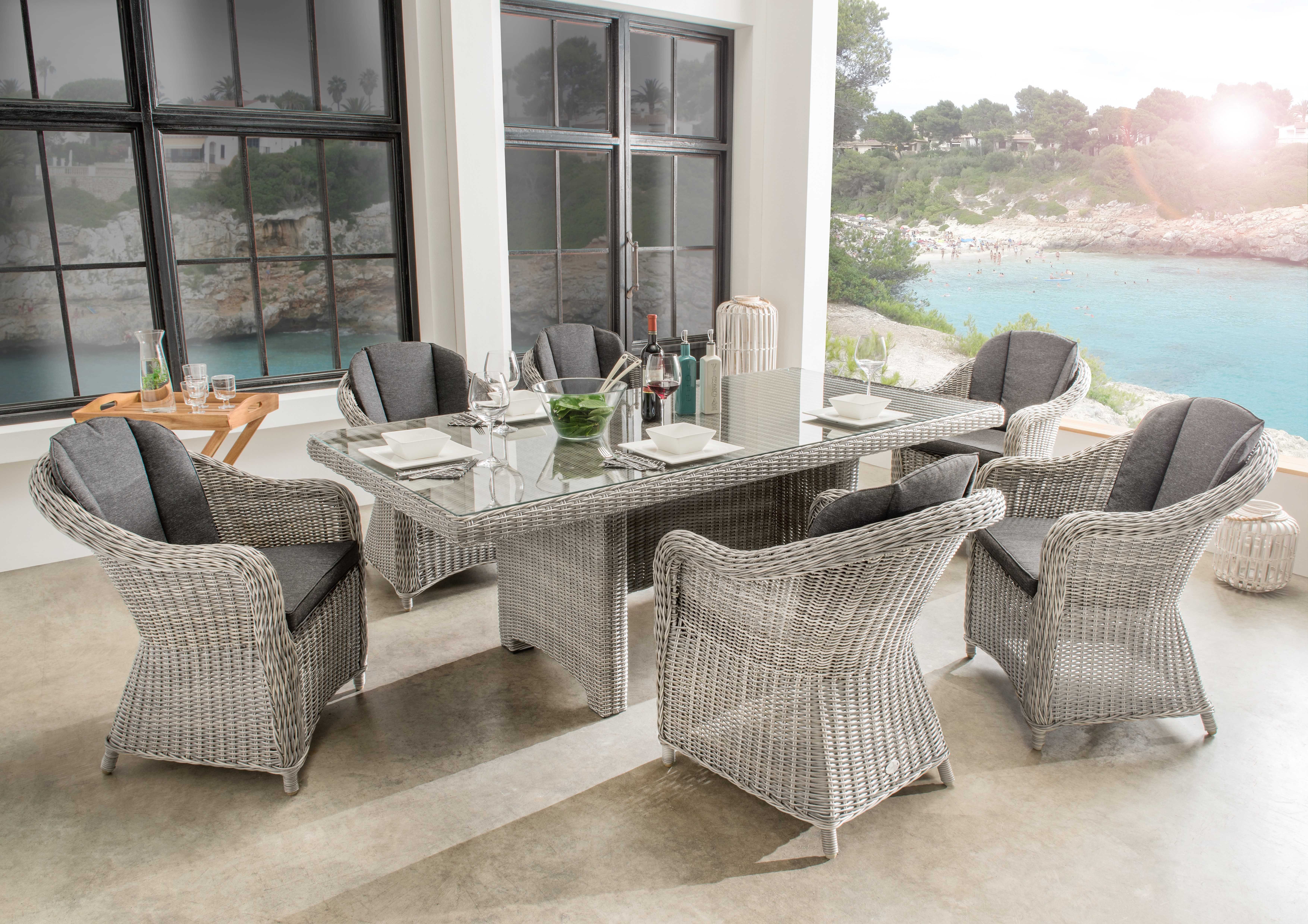 Destiny Sitzgruppe MALAGA LUNA 6 Se + Tisch 200x100cm, vintage weiß, (Set, 19-tlg., 6 Sessel inkl. Polster, Tisch mit. aufgelegter Glasplatte), Aluminium, Polyrattan