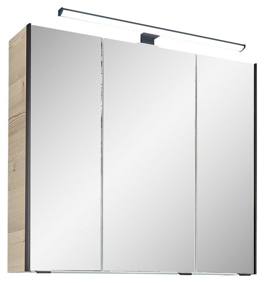 Vito Spiegelschrank ALOMI, Polar Pinie Dekor, 3 Spiegeltüren, inkl.  LED-Aufsatzleuchte, B 75 x H 70 x T 20 cm, Badmöbel