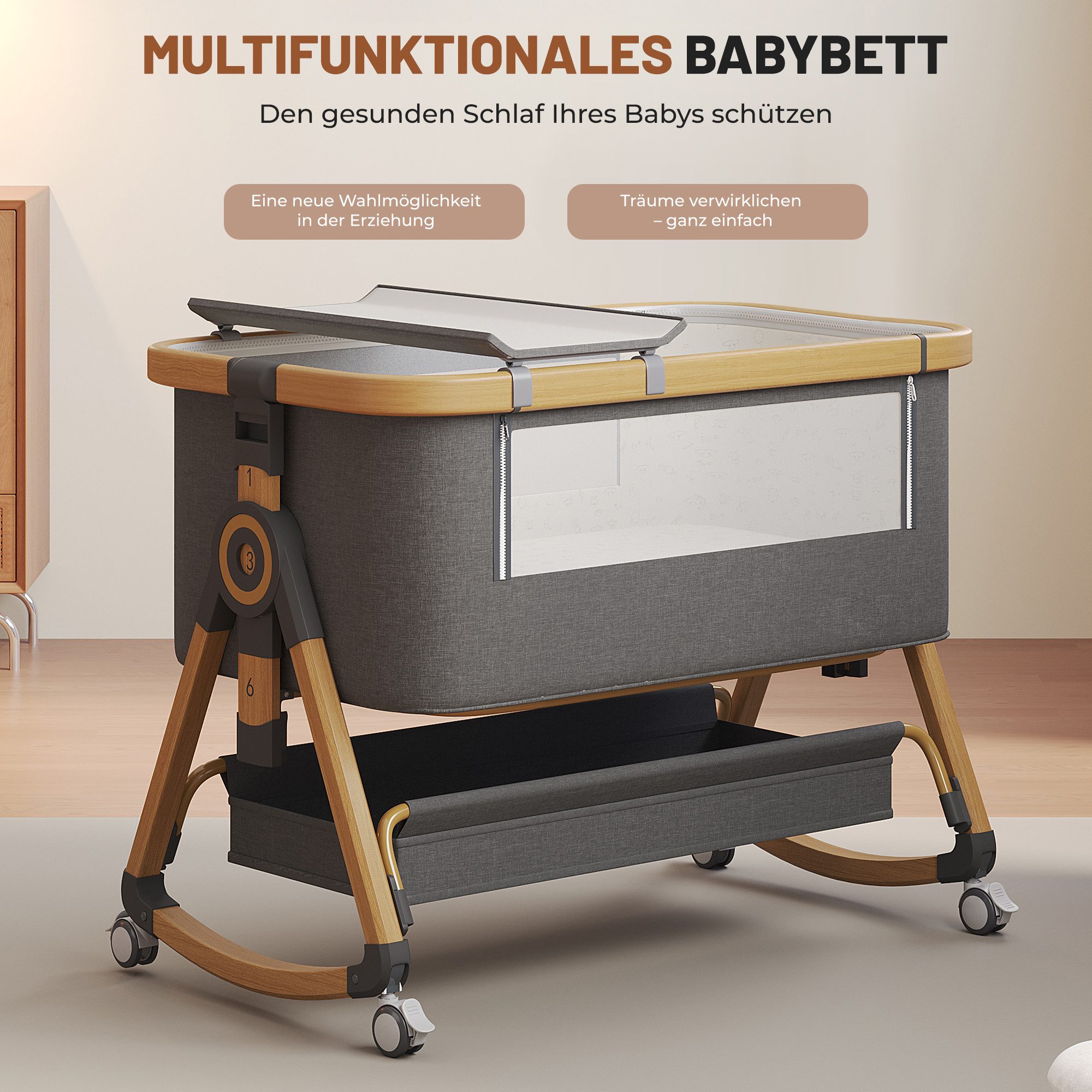 oyajia Beistellbett 3 in 1 Beistellbett Stubenwagen Babybett Baby-Reisebett, 6-stufige Höhenverstellung, mit Rollen, Matratze und Moskitonetz