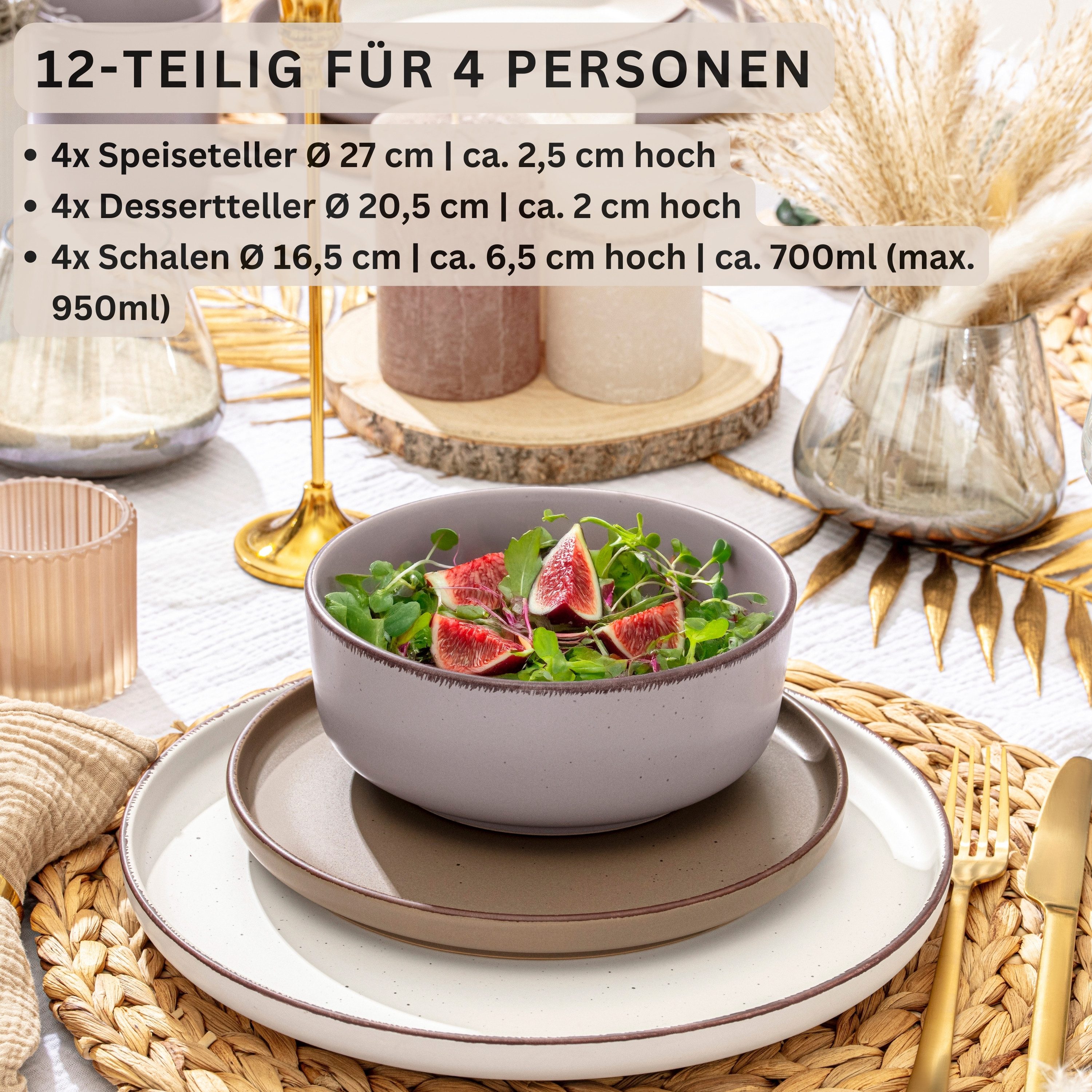 SÄNGER Geschirr-Set Bombay (12-tlg), 4 Personen, Steingut, Bombay Erdfarben, Handmade, Erweiterbar, VALUE COLLECTION