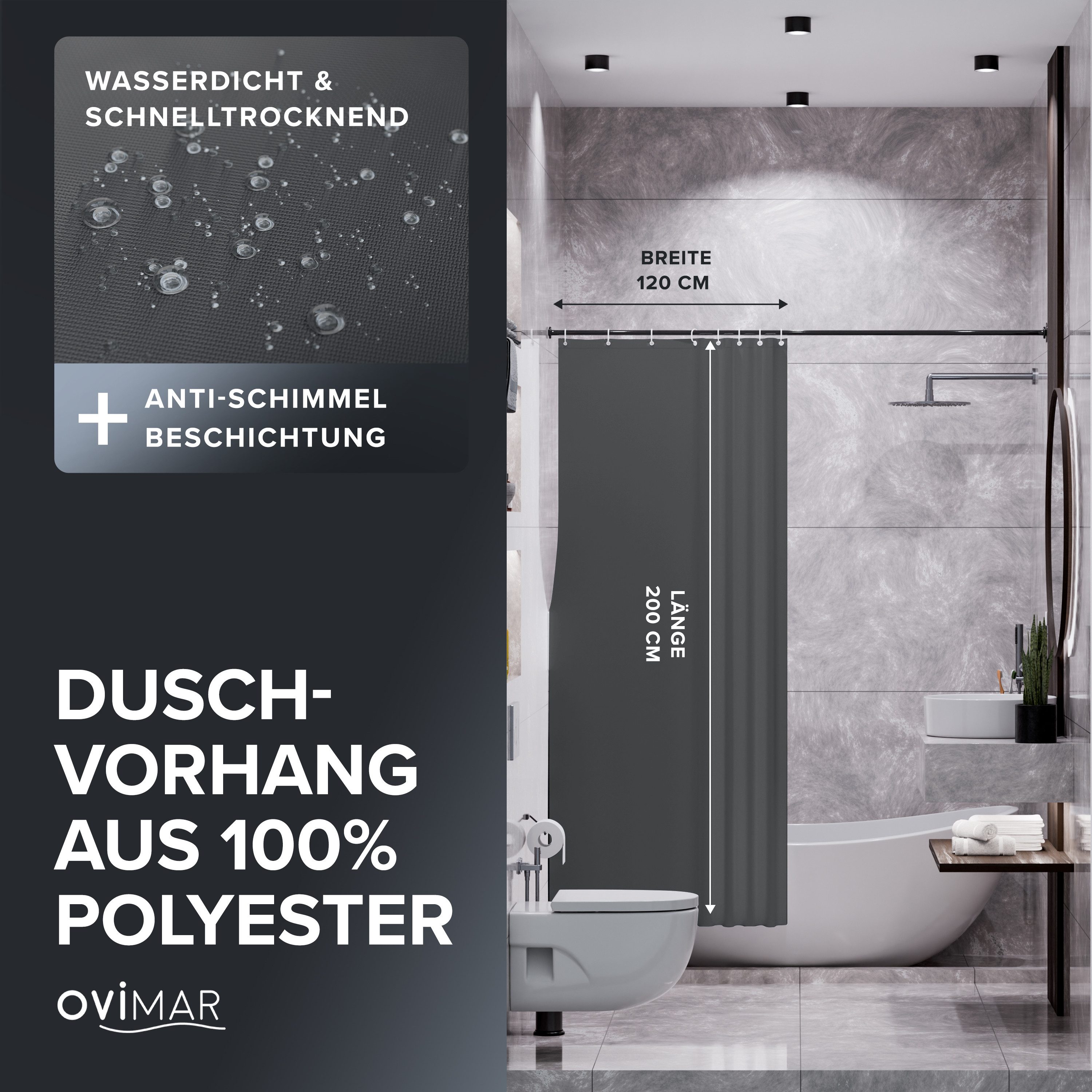 ovimar Duschvorhang Breite 120.00 cm (1-tlg), aus Polyester in Dunkelgrau zur Zum Aufhängen