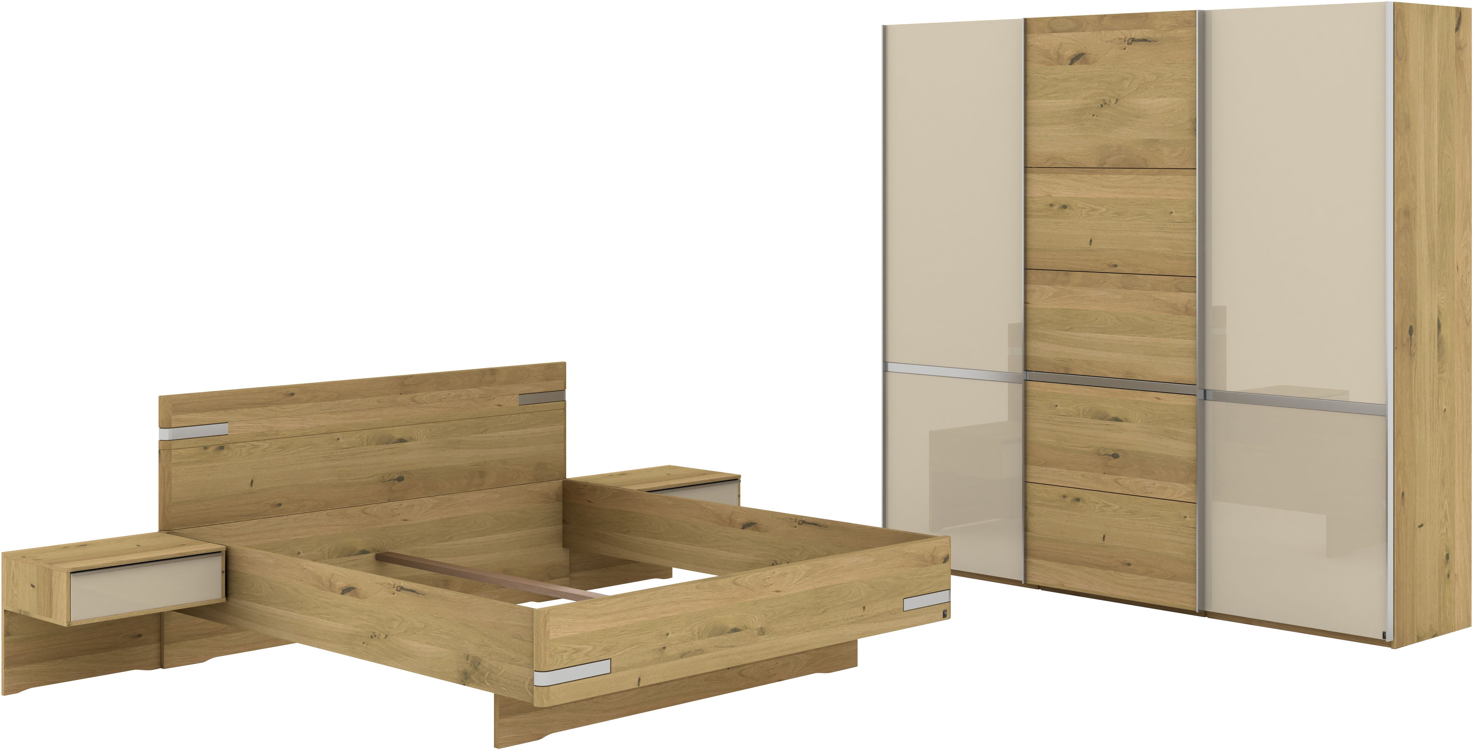 Musterring Schlafzimmer-Set Savona, Kleiderschrank, Bett & Nachtkommoden, teilmassiv Bianco-Eiche, (2er-Set Nachtschränke, Schwebetürenschrank, Bett 180x200 cm), Eiche- und Glastüren, Kopfteil Eiche, Konsolen Glasfront, Höhe 236cm