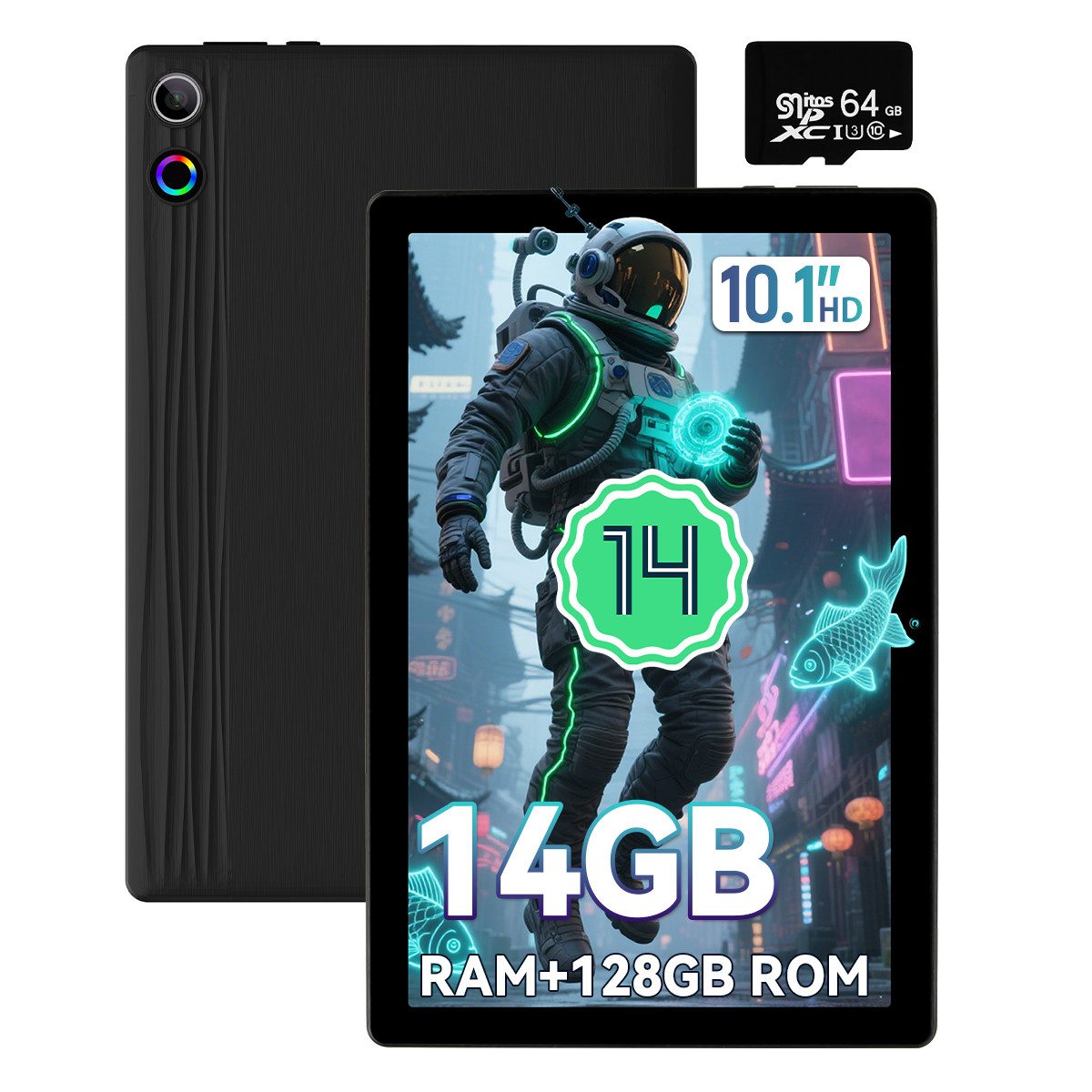 Happybe 10 Zoll Android 14, 1280x800 IPS HD, 10GB RAM, 64GB, 5G WiFi Tablet (10", 64 GB, Android, WiFi6, Großbs Display, Erweiterbar bis zu 1 TB, mit microSD Karte 64GB)