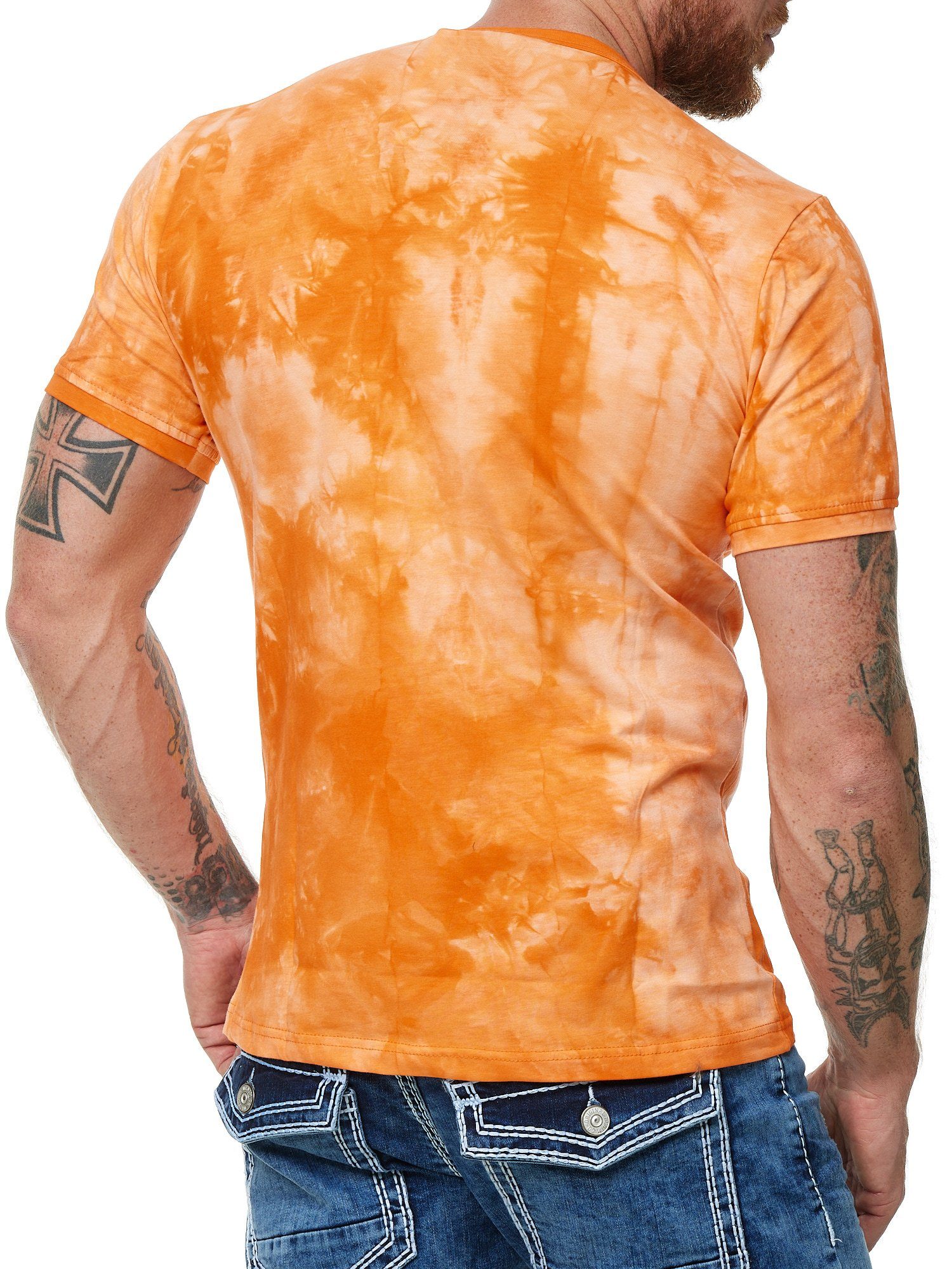 L.gonline Kurzarmshirt Herren T-Shirt, Sommershirt, Batik Optik, 2879 Orange S (Shirt Kurzarmshirt Tee, 1-tlg) Fitness Freizeit Casual