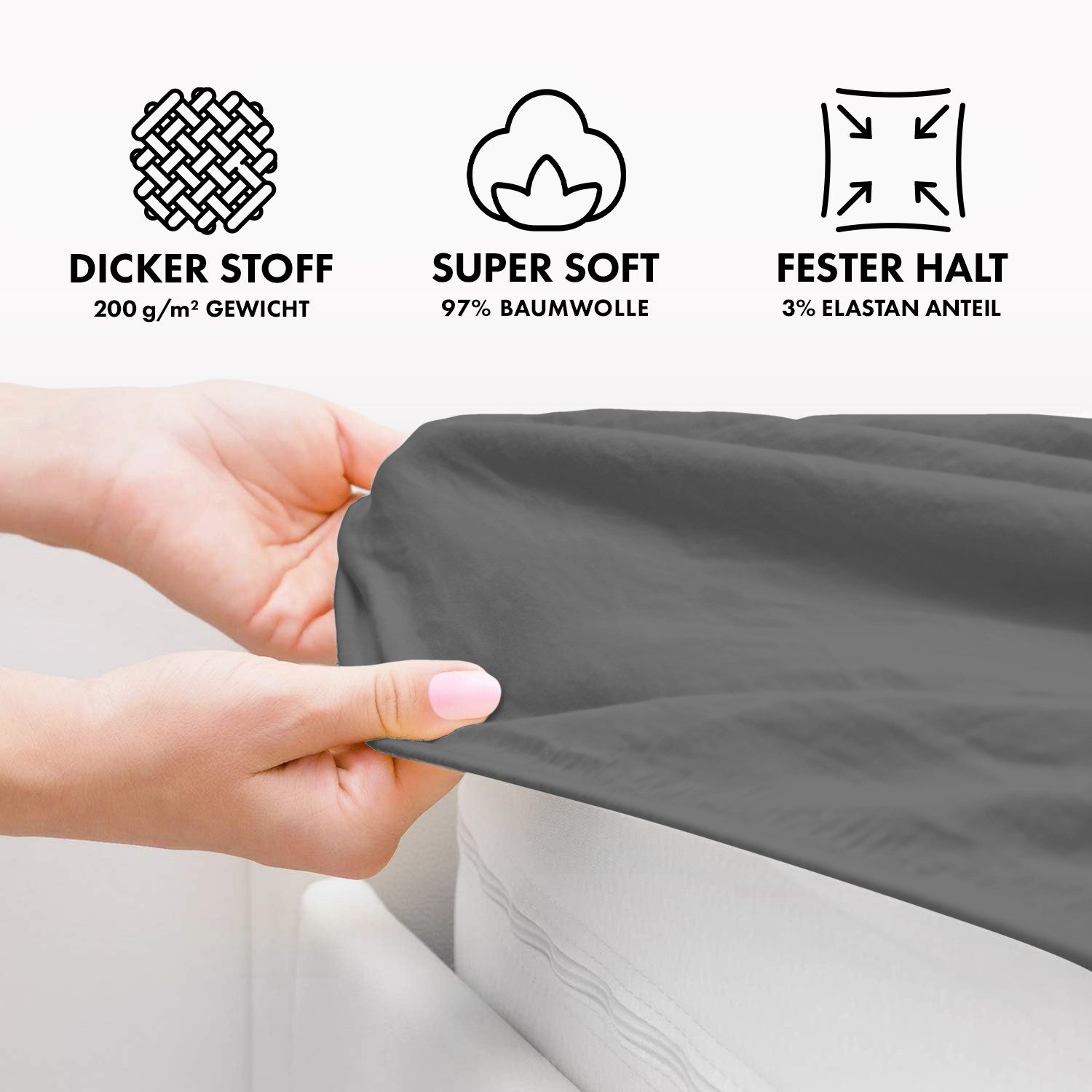 Jacobson Spannbettlaken PREMIUM 200 g/m² Jersey aus 97% Baumwolle & 3% Elasthan, Extra dichtes Bettlaken mit maximalem Halt