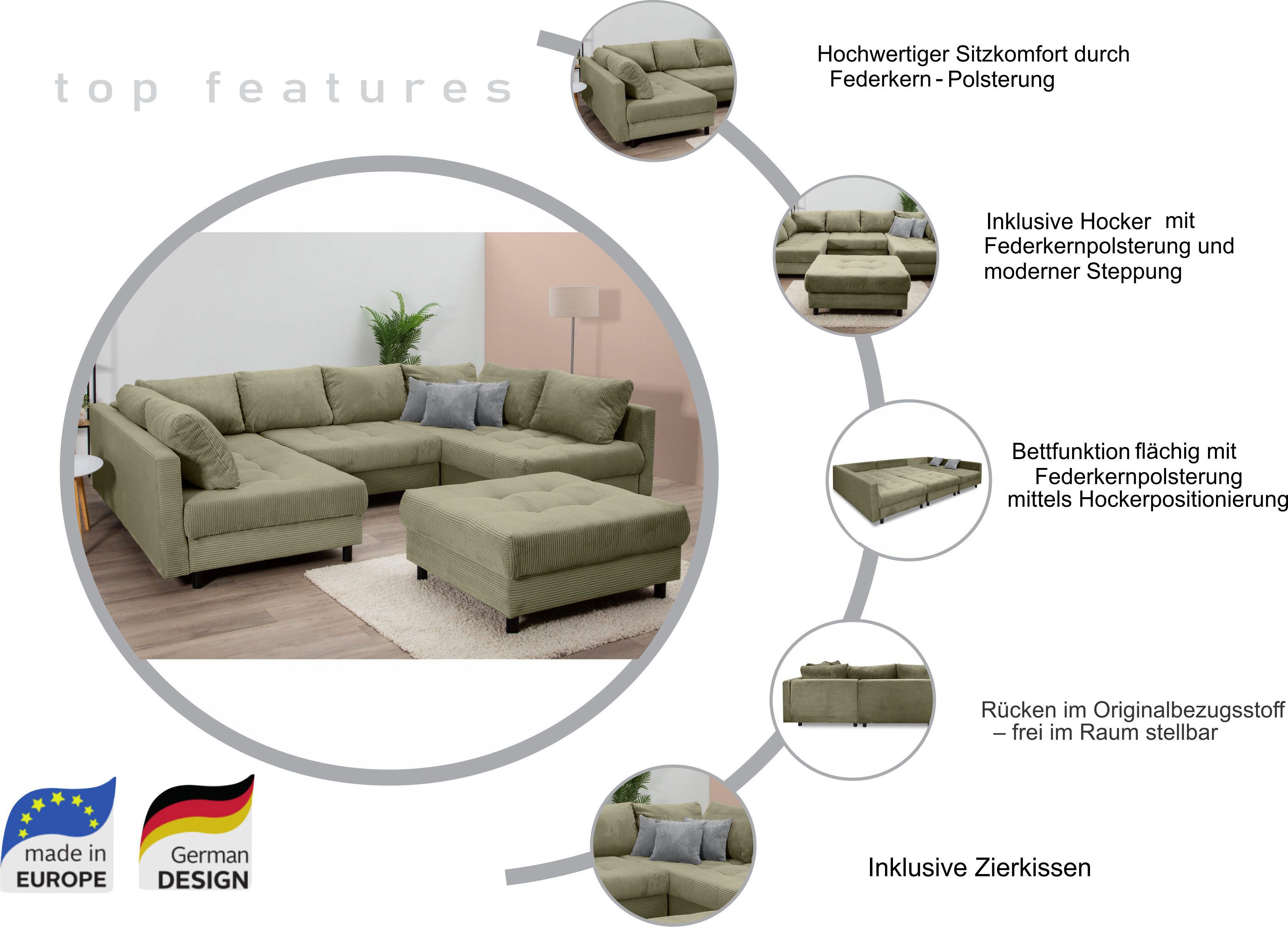 COLLECTION AB Wohnlandschaft Toni U-Form, B: 298 cm, Liegefl. 282x178cm, Set 2tlg. Sofa + Hocker, mit Schlaffunktion, Federkern, 3 Zierkissen