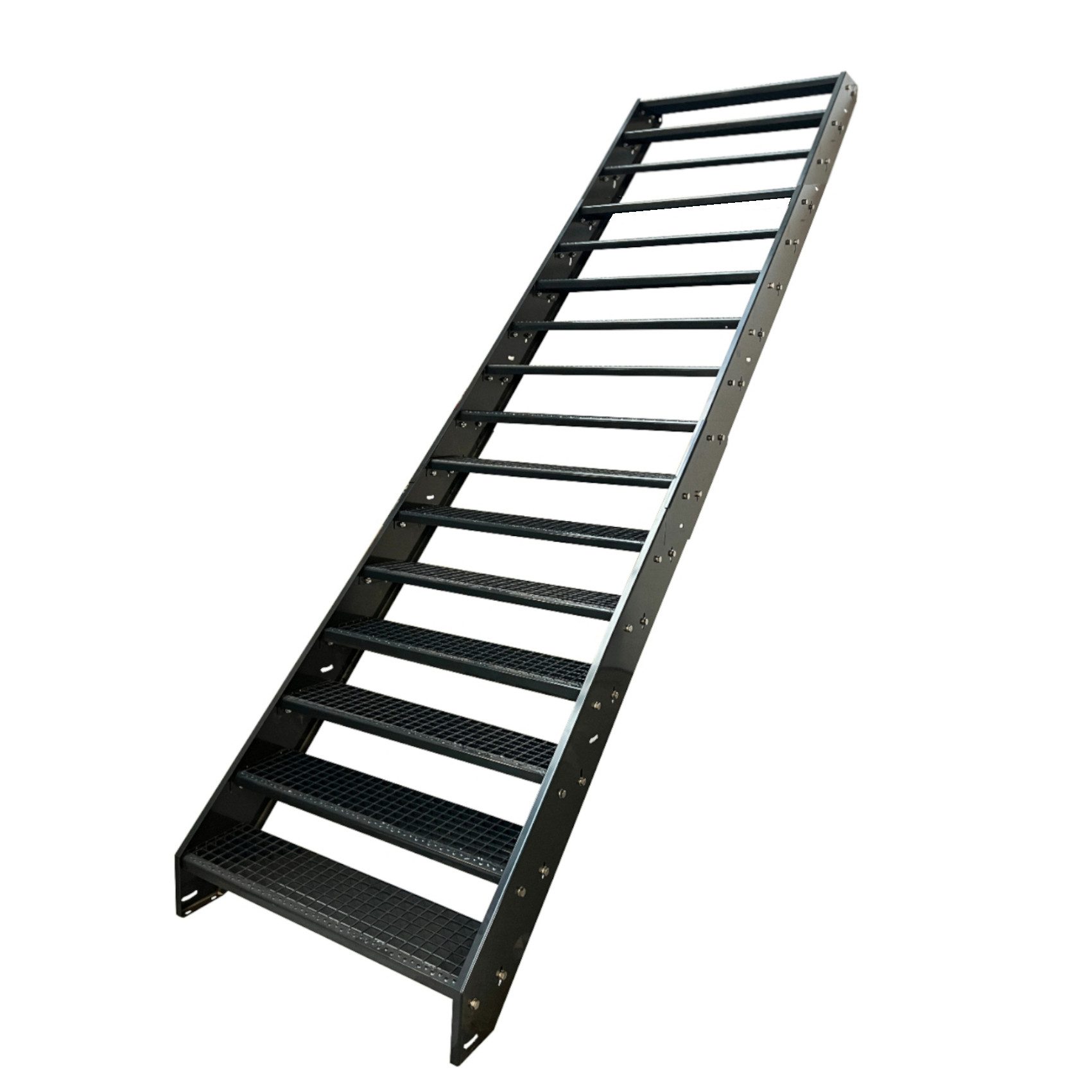 Kaminbau Mierzwa Außentreppe Stahltreppe 16 Stufen Anthrazit mit und ohne Geländer Höhe 304 cm, für Geschosshöhen bis 304 cm, Stufen Gitterroststufen nach DIN 24531, (Stufenbreite und Geländerart wählbar), Aus Premium Materialien hergestellt
