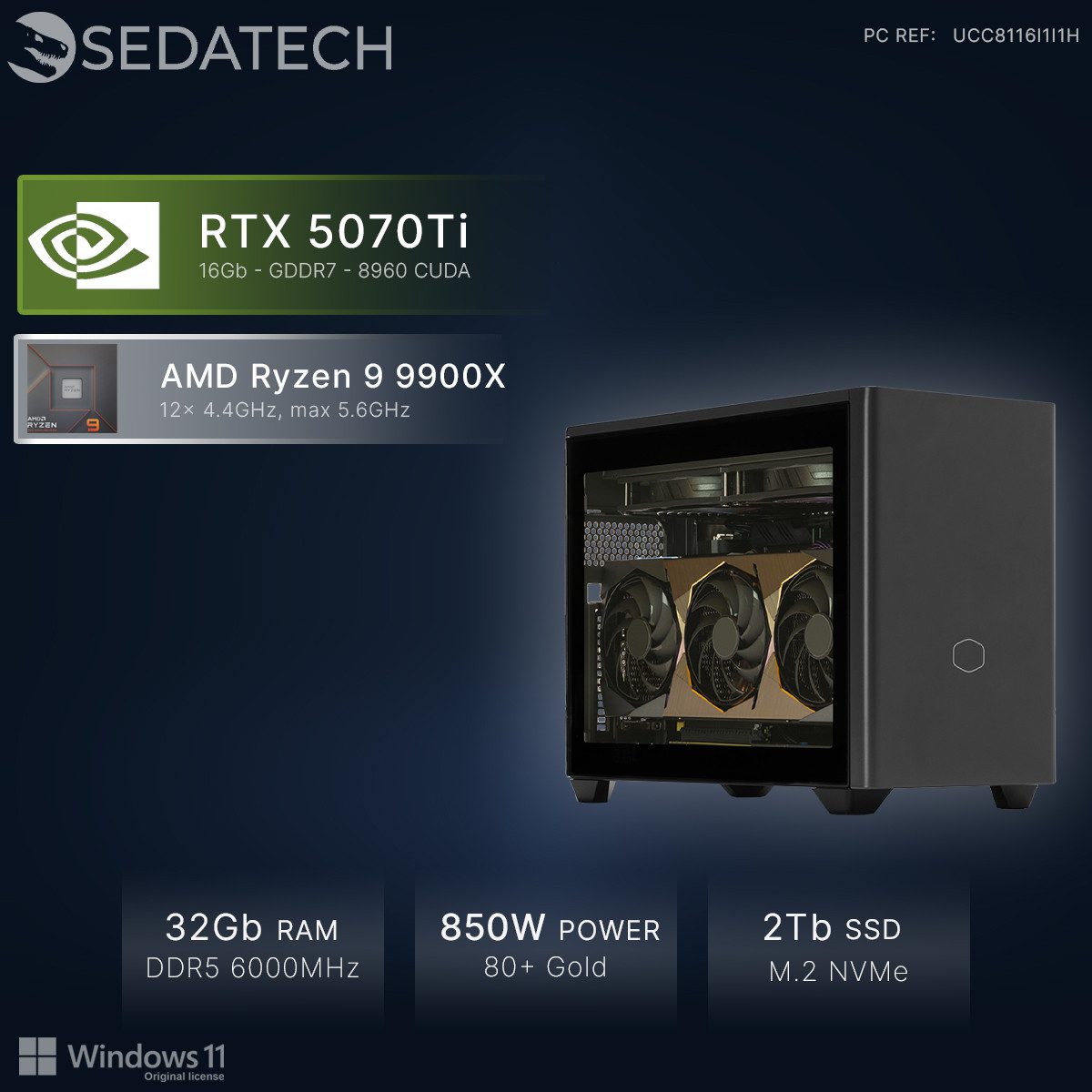 Sedatech UCC8116I1I1HF - Watercooling Workstation Mini-PC (AMD Ryzen 9 9900X 12x 4.4GHz (max 5.6GHz), Geforce RTX5070Ti 16GB, 32 GB RAM, 2000 GB SSD, Watercooling, Wlan 6E)