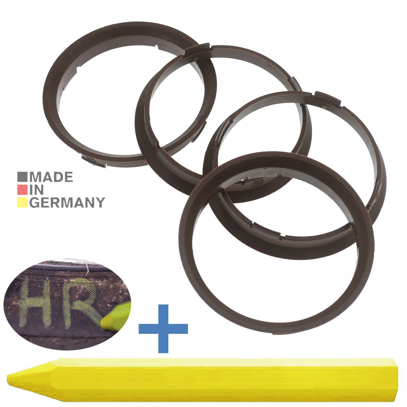 RKC Reifenstift 4X Zentrierringe Braun Felgen Ringe + 1x Reifen Kreide Fett Stift, Maße: 70,4 x 66,6 mm