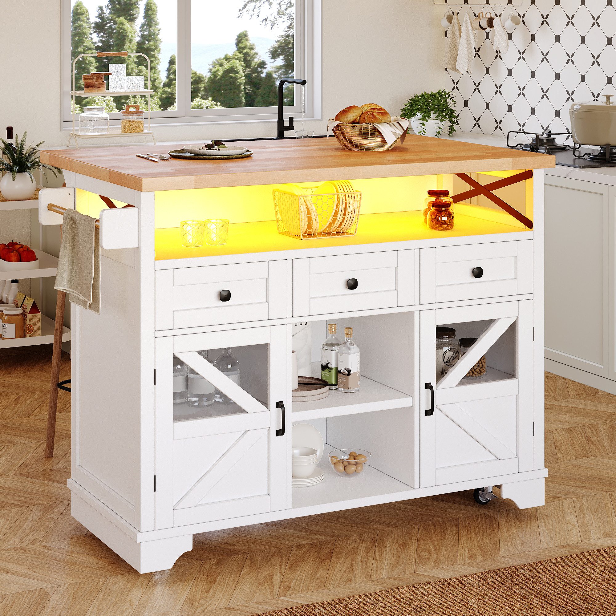 MODFU Küchenwagen Moderne Beistelltisch, (mit App LED und Klapptisch Weiß, 1 St., 120*43(71)*98)