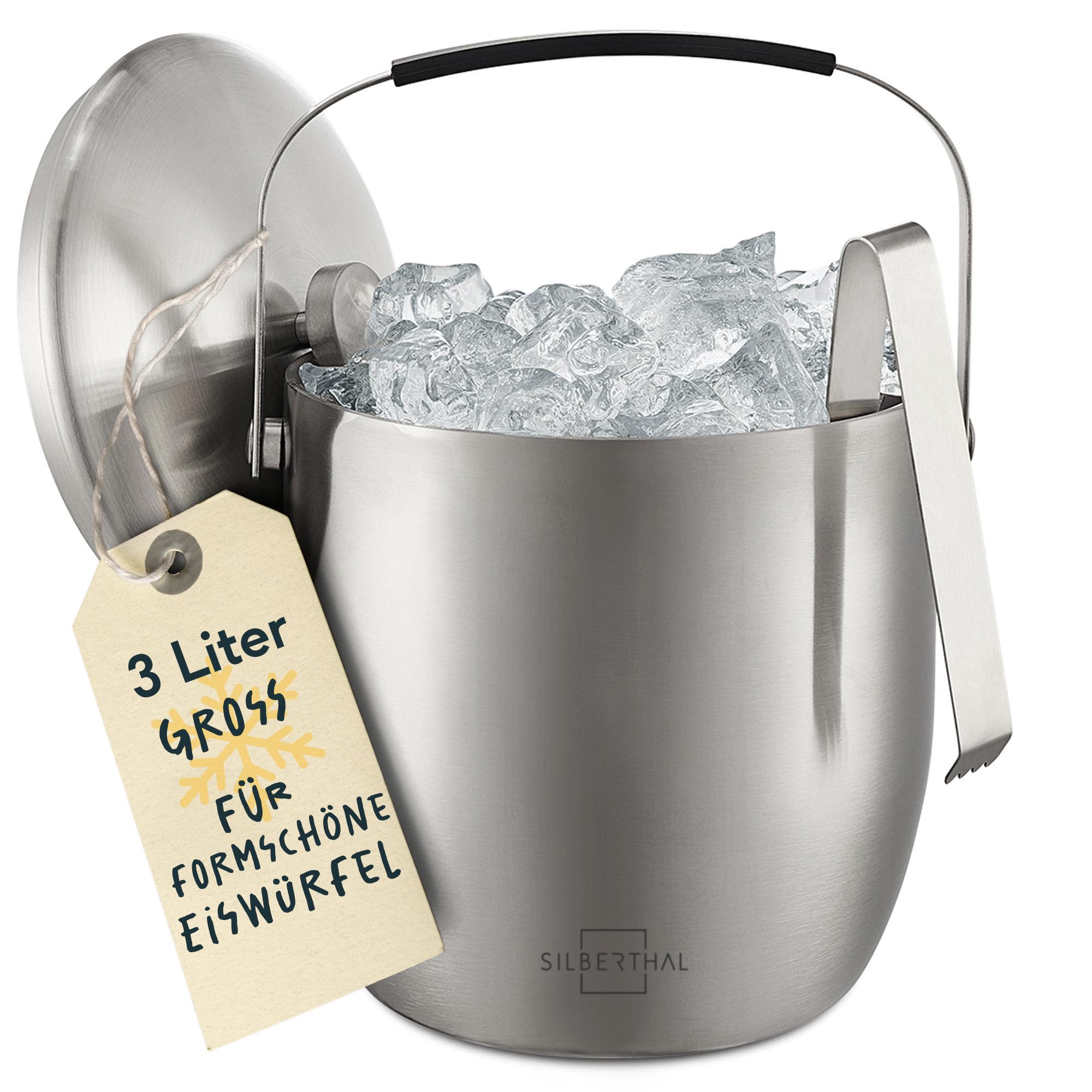 SILBERTHAL Eiseimer Eiswürfelbehälter 3l mit Deckel, inklusive Eissieb und Zange
