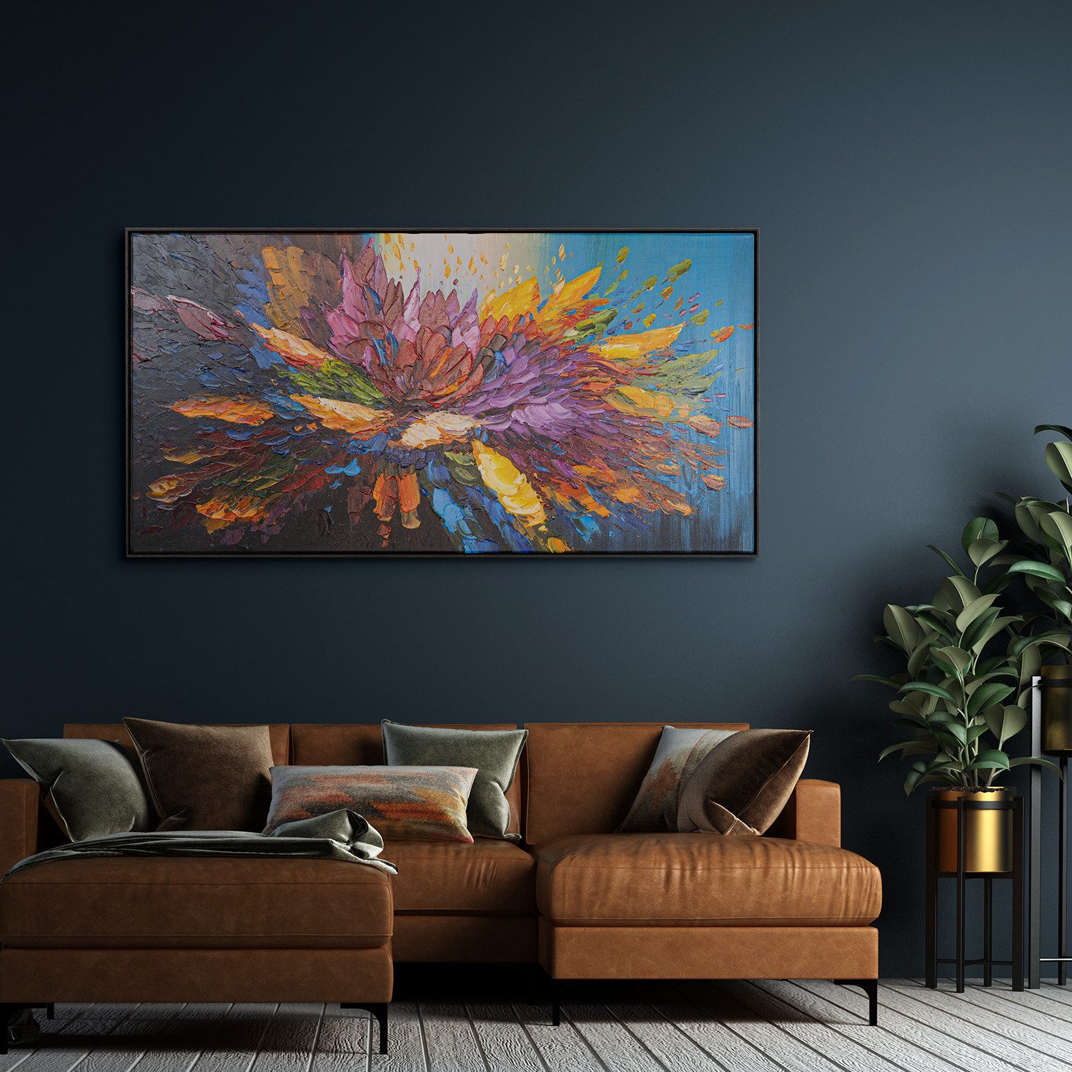 AUREDAS Gemälde Tanz der Farben, Gemälde, 120x60, Rahmen dunkel, Abstrakt, Blüte, Blume