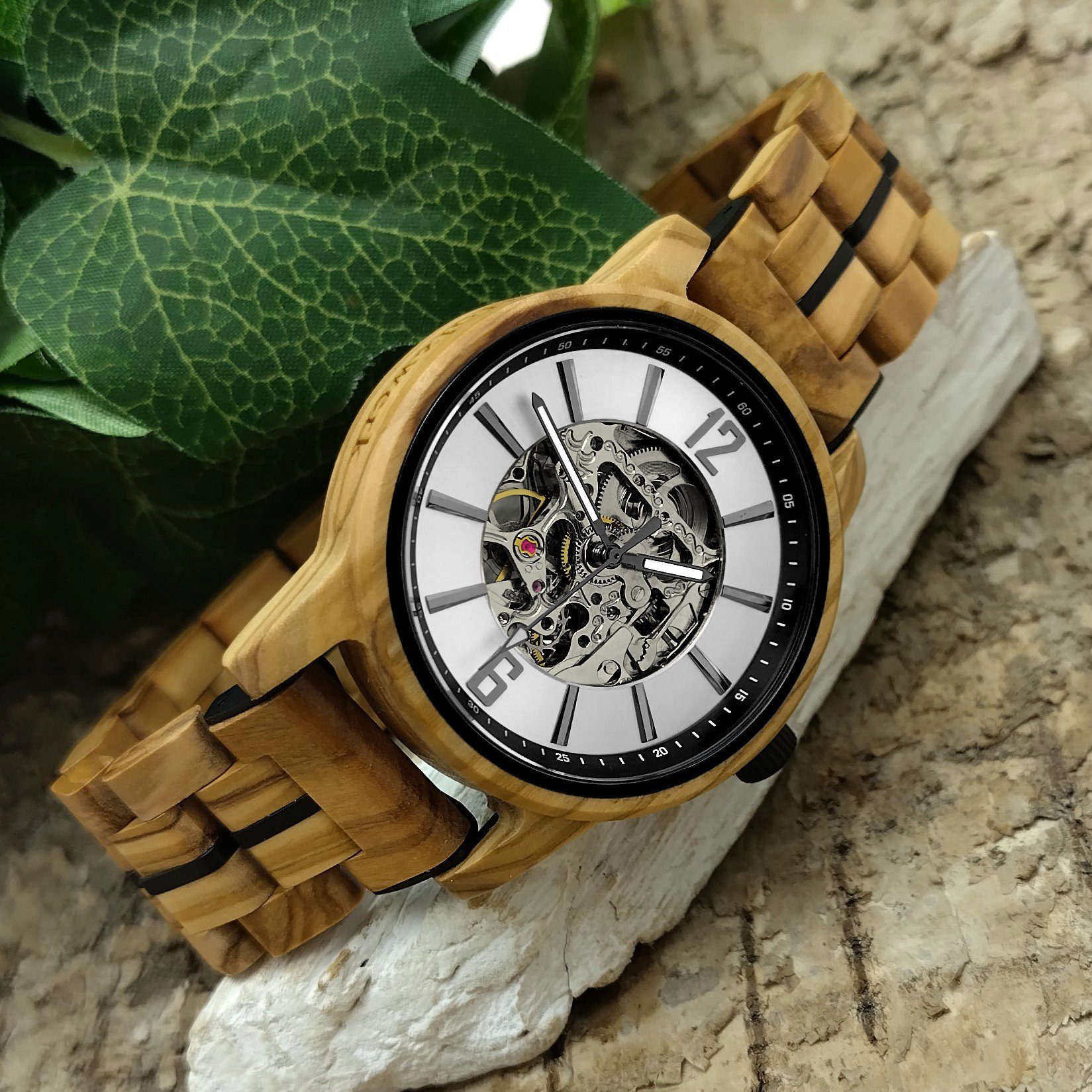 schwarz, Automatikuhr in Holz Uhr Herren silber COSWIG & Holzwerk Edelstahl Armband beige,