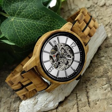 Holzwerk Automatikuhr COSWIG Herren Edelstahl & Holz Armband Uhr in beige, schwarz, silber