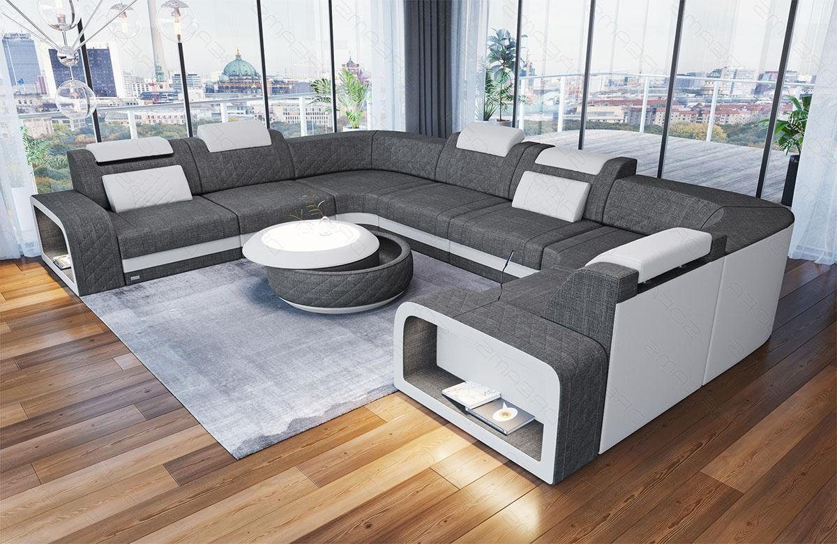 Sofa Dreams Wohnlandschaft Polster Couch Stoff Sofa Foggia U Form Stoffsofa, mit LED, Stauraum, USB Anschluss H5 Grau-Weiss