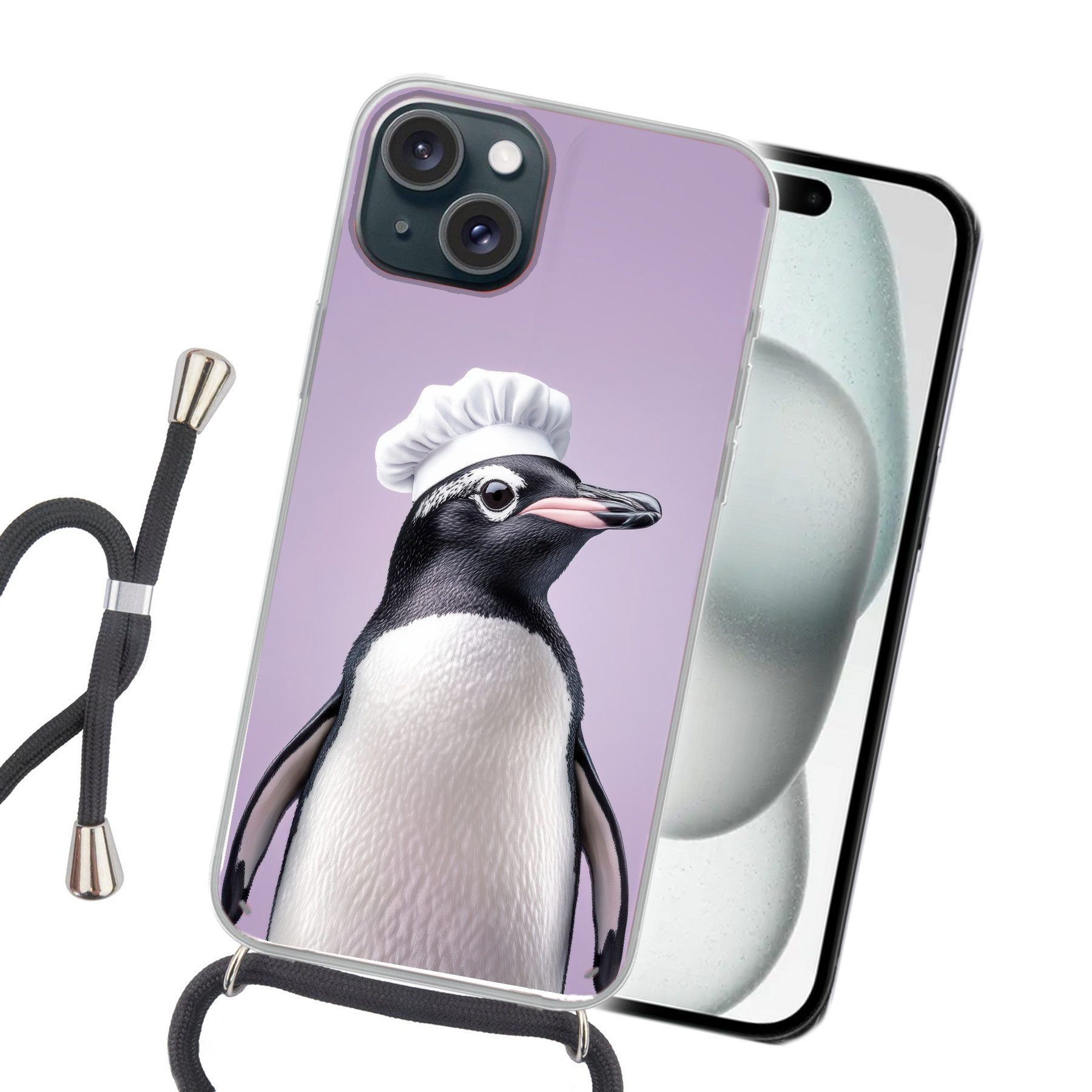 MuchoWow Handyhülle für Apple iPhone 15 Plus Pinguin - Kochmütze - Süß - Lila, Tragbare Handyhüllen mit Kette zum umhängen, Handykette Handyband