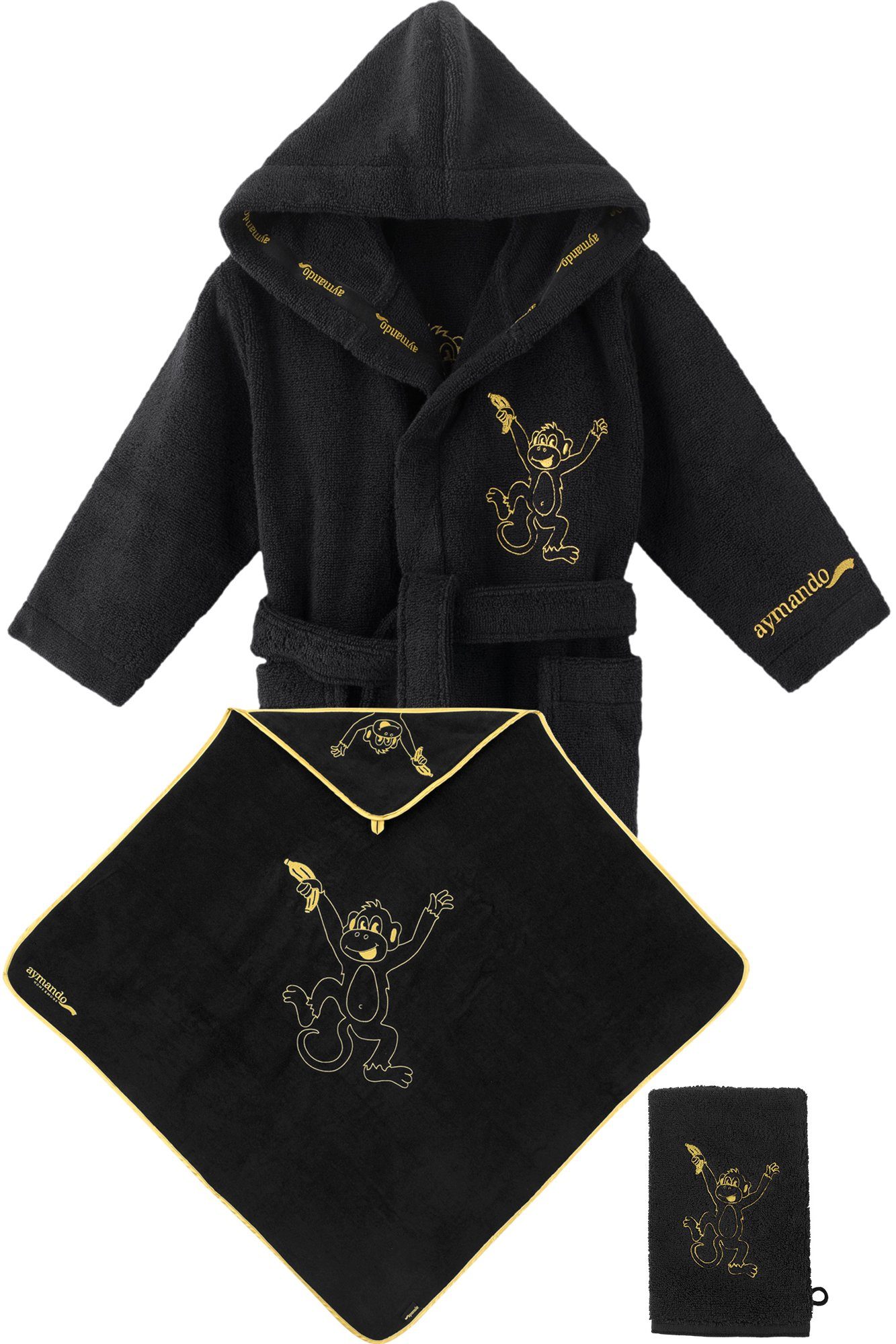 Aymando Babybademantel Kapuzenhandtuch Waschlappen Wellness Set Affe, Regular, 100% Baumwolle, Zero Twist Garn