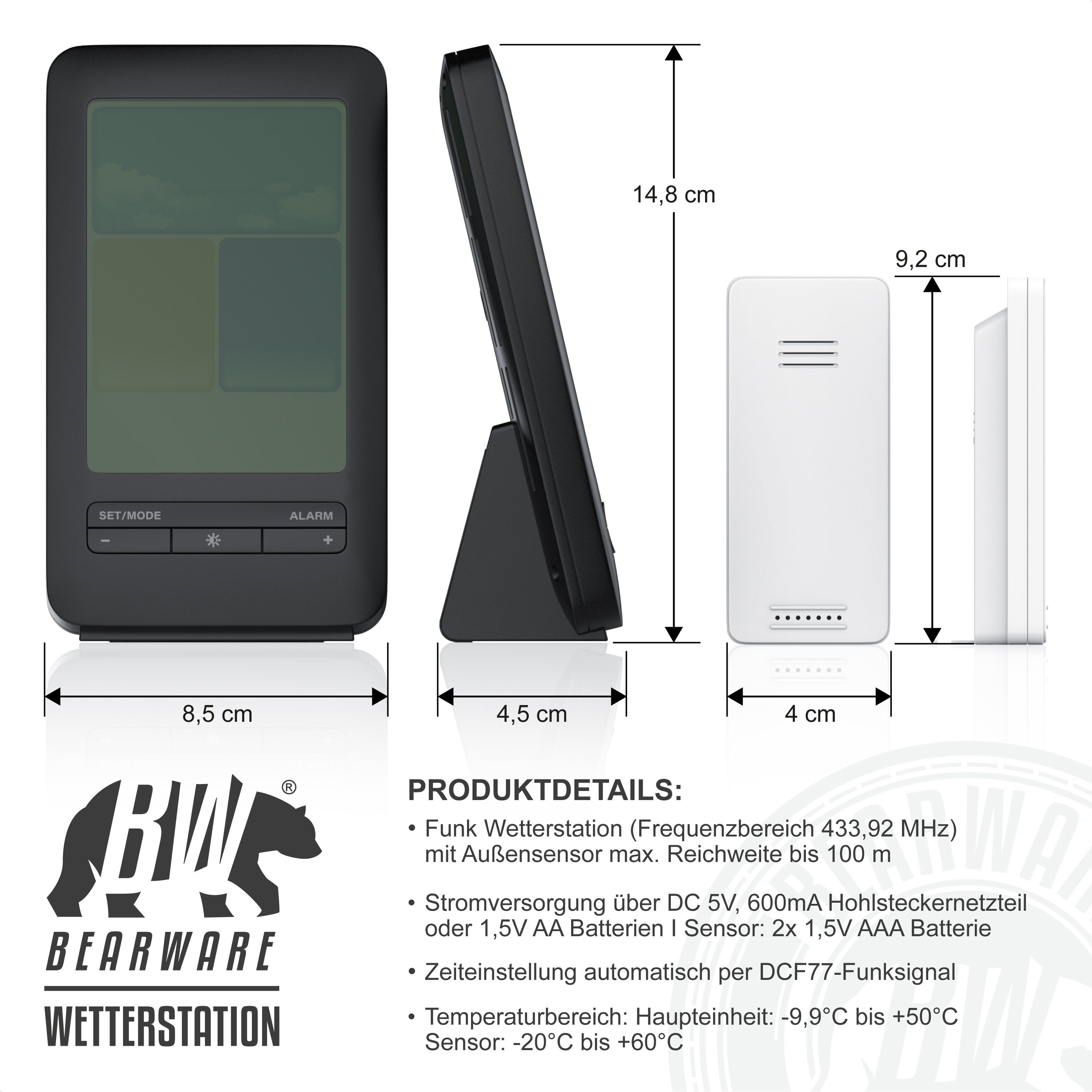BEARWARE Wetterstation (mit Außensensor, Funk, Prognose, Temperaturtrend, Luftdruck, Temperaturwarnung usw)