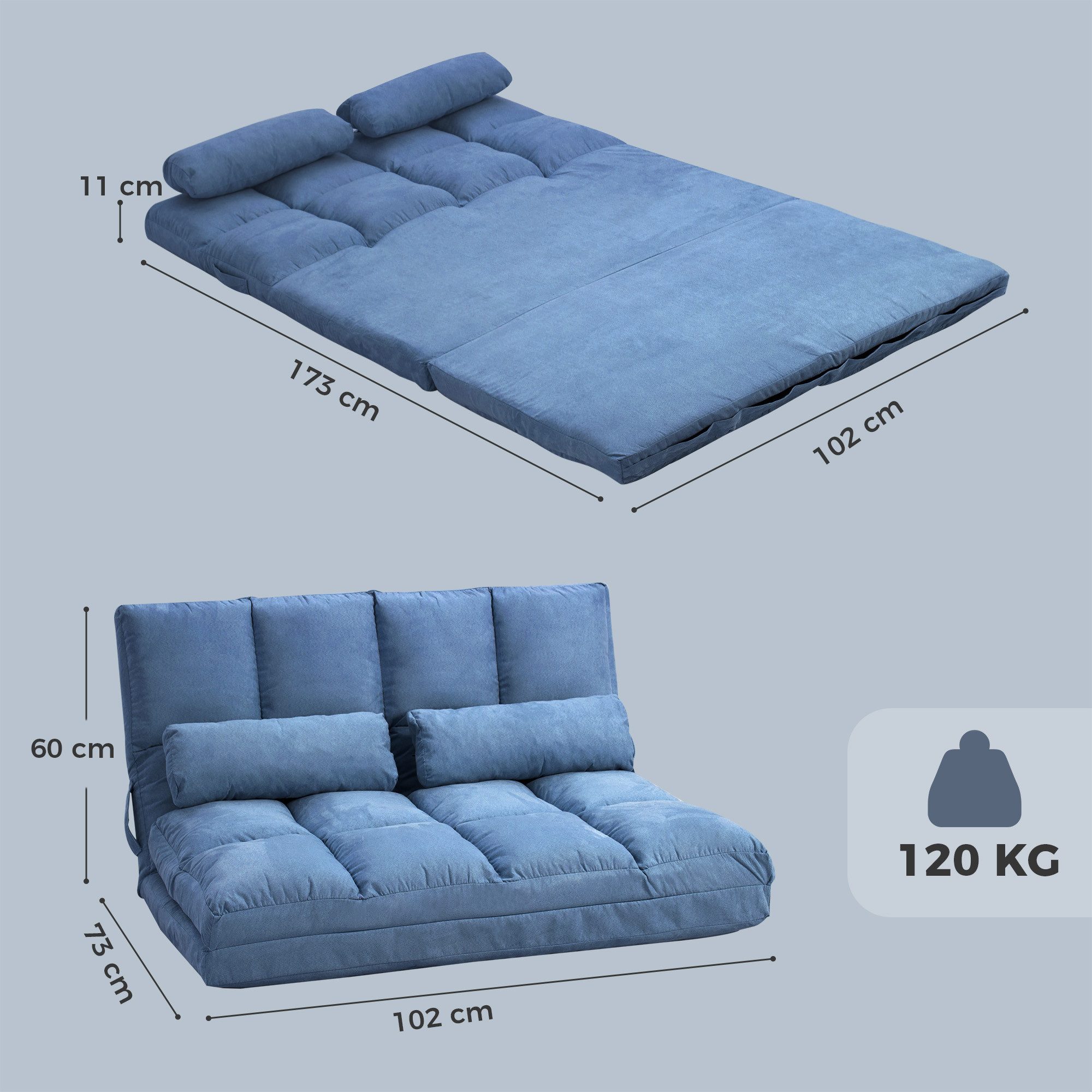 HOMCOM Relaxsessel Bodenstuhl Bodensessel mit Liegefunktion VerstellbarerRückenlehne (Klappbett, 1-St., 2-in-1 Bodensessel), für Schlafzimmer, Wohnzimmer, Blau – Bild 3 von 5