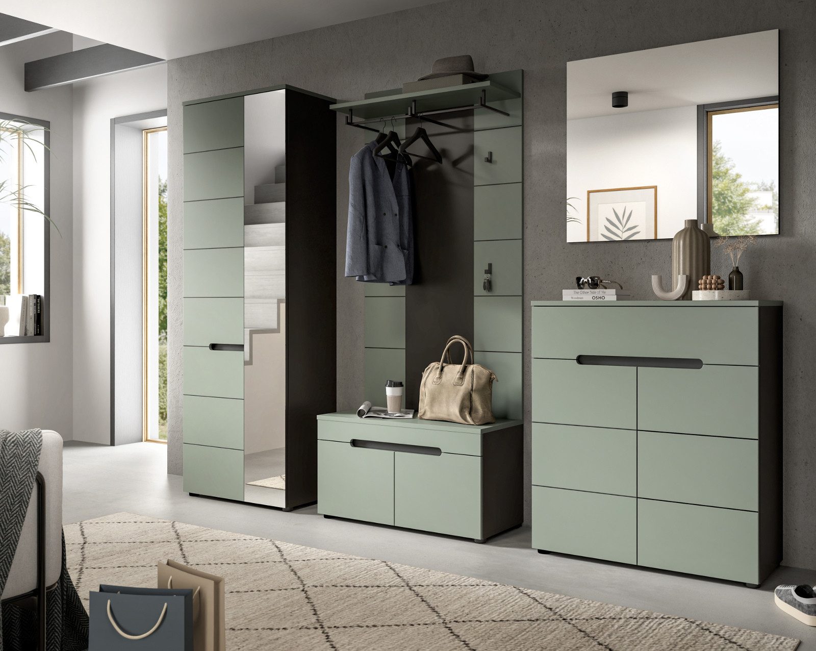 Inn.Furn Garderoben-Set Cooper, (Flurgarderobe in Salbei Grün und Basalt Grau, Komplett-Set 5-teilig, ca. 250 cm), mit Soft-Close-Funktion
