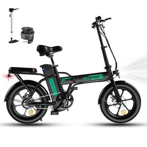 HITWAY E-Bike Fahrrad Klapprad 16*3.0 Zoll 250W 12 Ah / 36 V Luftreifen, Kettenschaltung, Heckmotor, 432 Wh akku, Fahrradpumpe und Schloss für Damen und Herren 150 - 180 cm