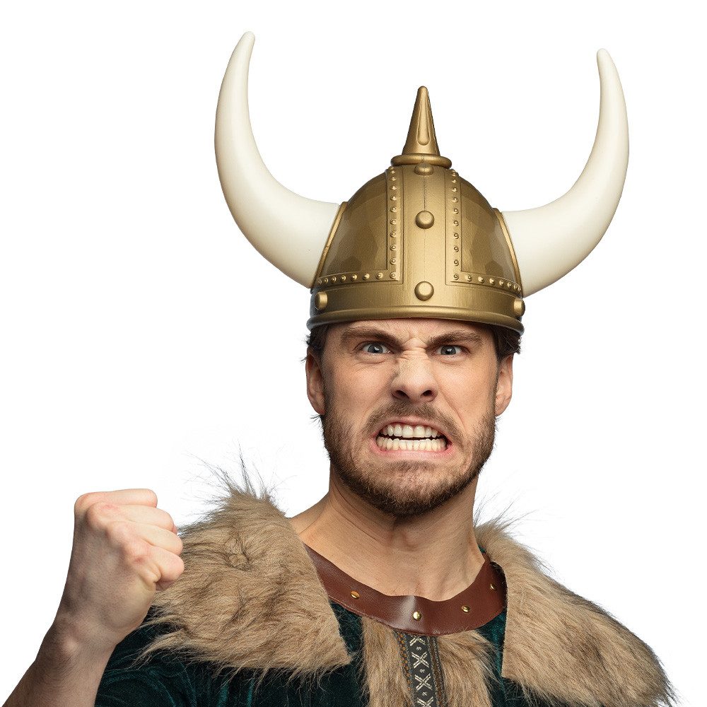 Boland Wikinger-Kostüm Wikingerhelm Erik Helm mit Hörnern für Wikinger Barbar Karneval-Kostüm, goldfarben glänzend