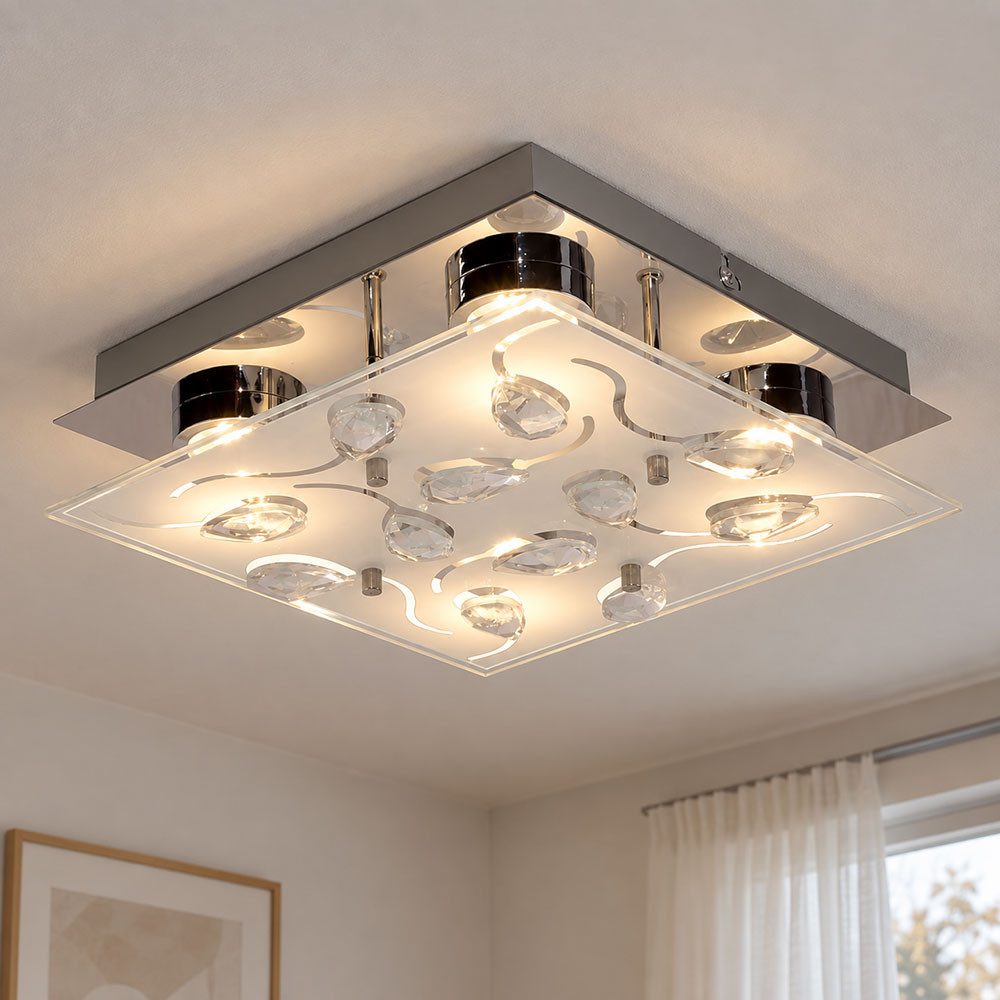 Reality Leuchten LED Deckenleuchte, LED-Leuchtmittel fest verbaut, Warmweiß, LED Deckenlampe Wohnzimmerleuchte Glas Blüten Kristall Deckenleuchte