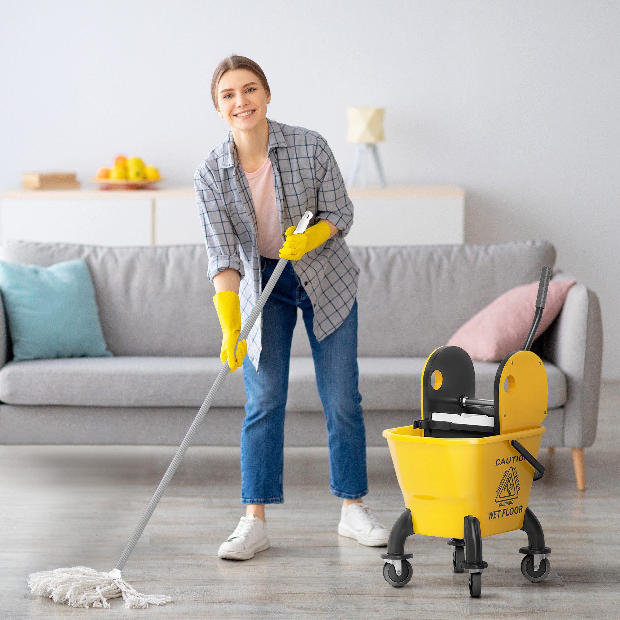 HOMCOM Тележки для уборки Wischeimer mit Wringer-Set auf Rädern zur Bodenreinigung, (26 Liter Down-Press-Wringer, 1-St., mit Griff und Wischmopp), Gelb
