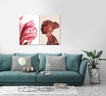 Sinus Art Leinwandbild 2 Bilder je 60x90cm Blumen Rot Silhouette Frau Romantisch Vintage Chic