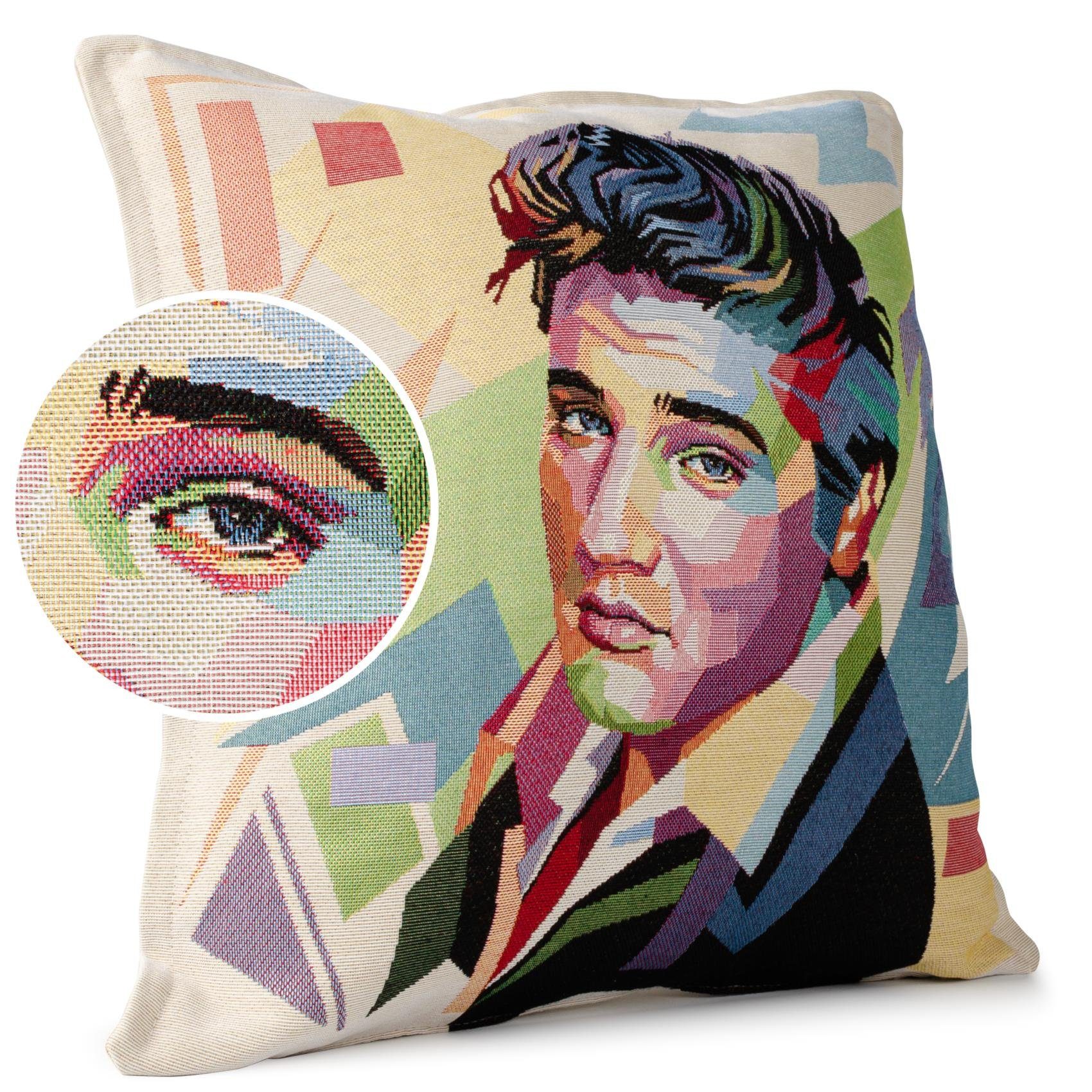ANRO Dekokissen Jacquard-Gobelin POP Art Kissen 45x45cm Hochwertiger waschbar, Vintage mit Füllung mit Reißverschluss Elvis Presley Beige