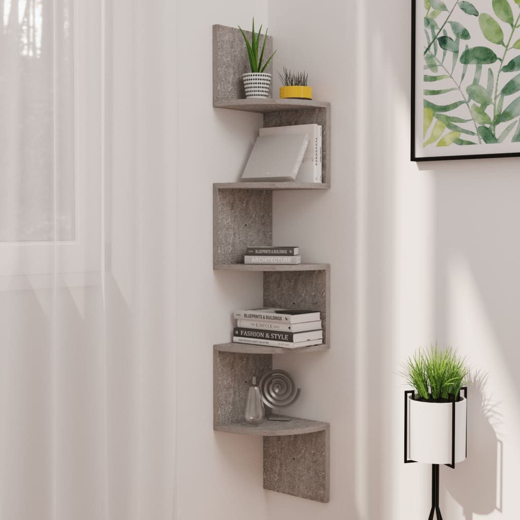 furnicato Wandregal Elegantes Wand-Eckregal Betongrau 19x19x123 cm aus Holzwerkstoff, 1-tlg., Stabile Eckregal-Ablage mit abgerundeten Böden für Ihren Wohnraum