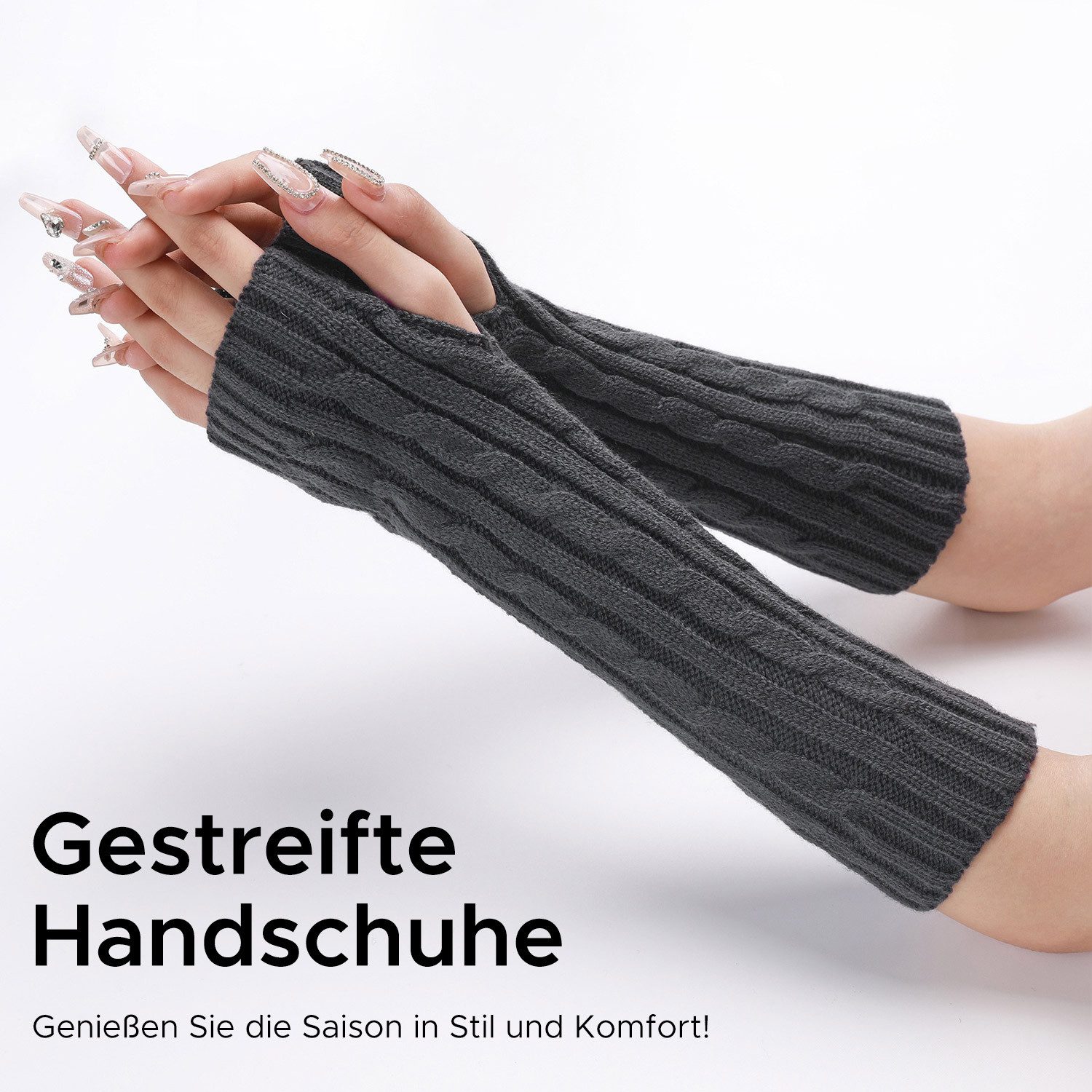 Refttenw Strickhandschuhe Damen Gestrickte Armwärmer Pulswärmer Armstulpen Fingerlose Handschuhe mit Daumenloch, Zopfmuster Gestrick