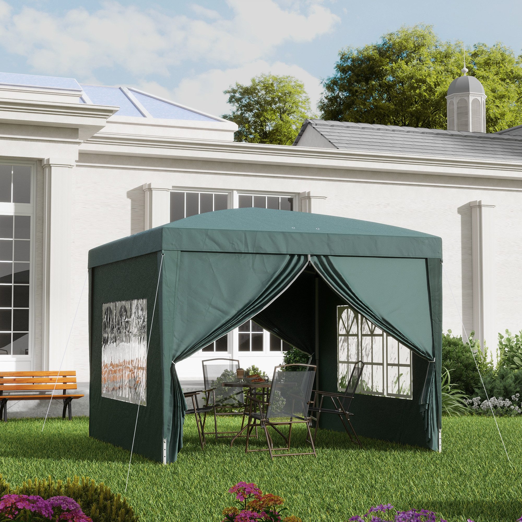 Outsunny Faltpavillon, mit 4 Seitenteilen, (Gartenzelt, Festzelt), für Garten, Terrasse, Stahl Oxford, Grün