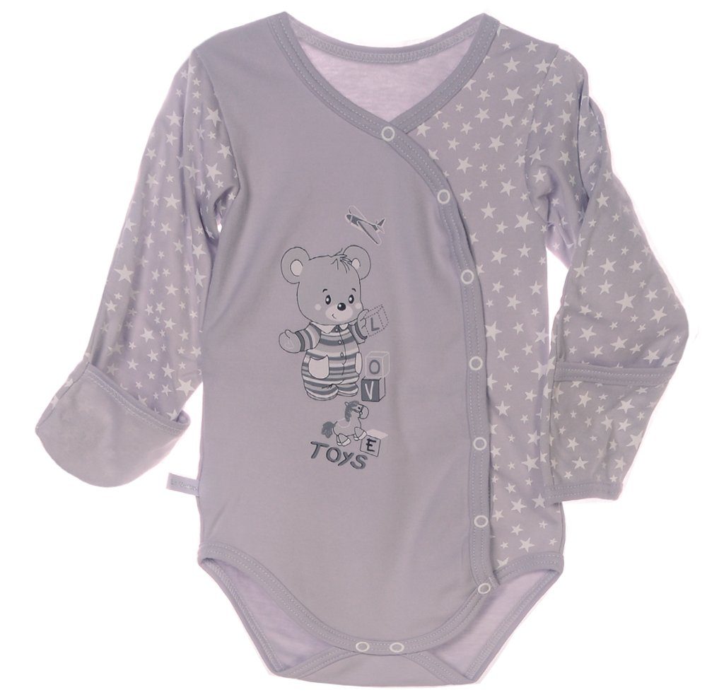 La Bortini Wickelbody Body Baby Langarmbody in Grau mit Sternchen aus reiner Baumwolle, mit Kratzschutz 80 86 92 98 104 110