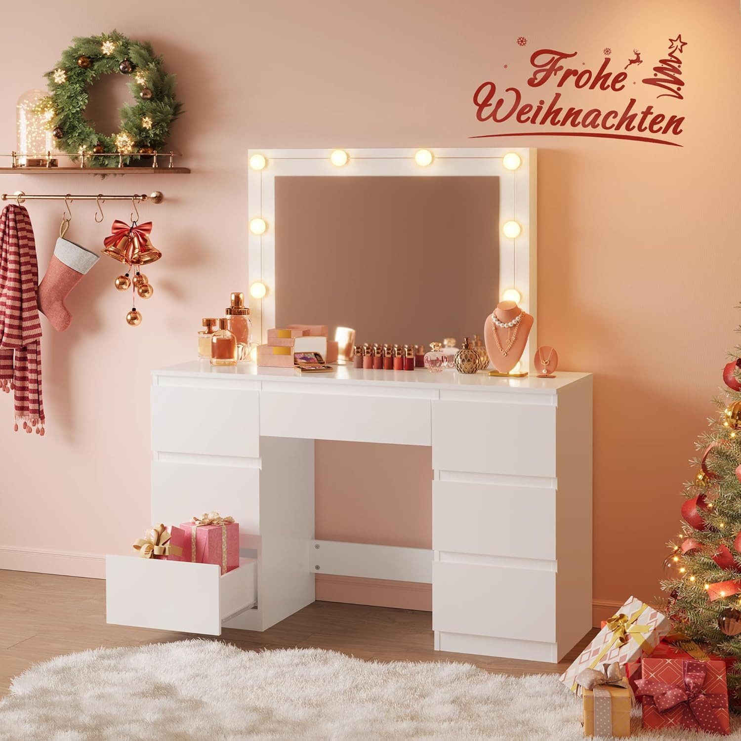 Woltu Schminktisch (1-St), mit Spiegel und LED-Beleuchtung, 7 Schubladen günstig online kaufen