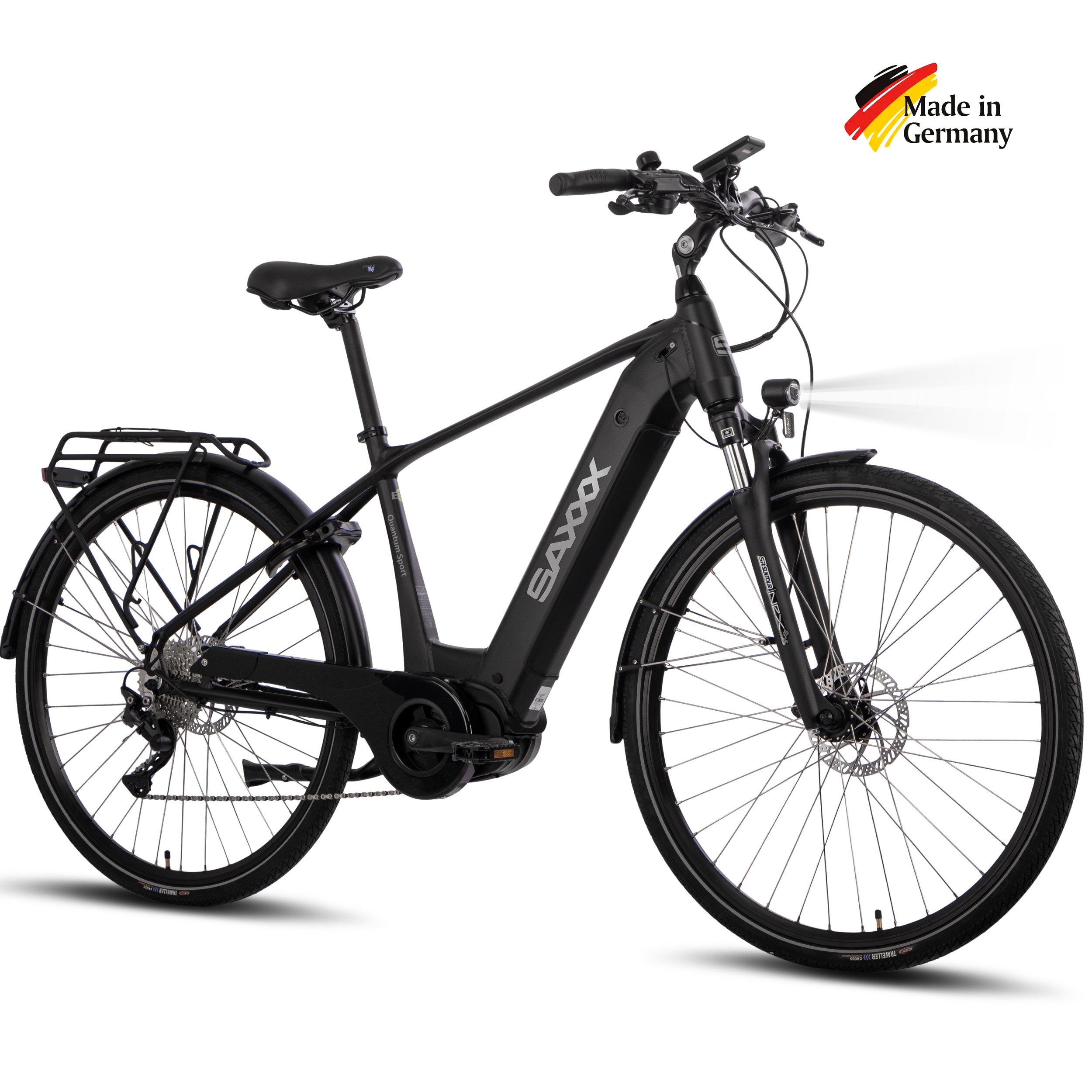 SAXXX E-Bike Trekkingrad 28 Zoll für Damen u. Herren, SAXXX QSD, 540Wh, max. 110km, 130kg, 10 Gang SHIMANO Deore Schaltwerk, Kettenschaltung, Mittelmotor, 540 Wh, (mit Akku-Schlüssel, mit entnehmbarem Akku, mit Gepäckträger), StVZO Pedelec, hydr. Scheibenbremsen, vormontiert zu 95 %