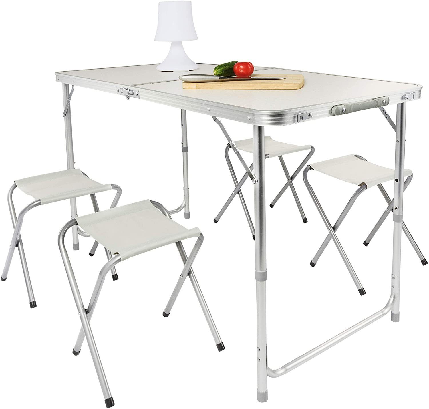 Stühlen Klapptisch (Mehrzwecktisch, Multifunktionstisch Klappbarer Weiß Goods+Gadgets Campingtisch - Markttisch), mit 4 Campingtisch