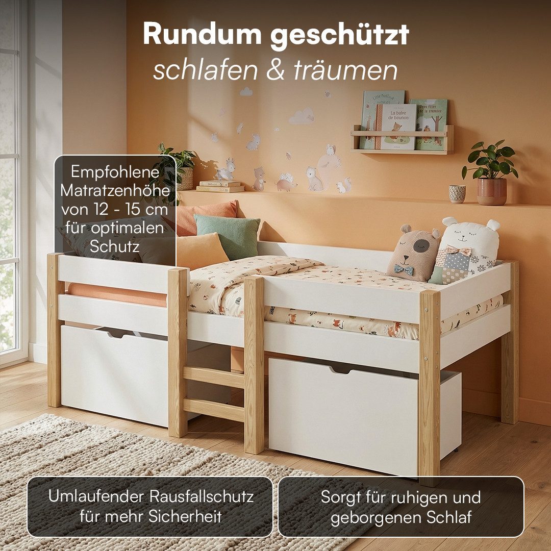Bellabino Hochbett Aspy mit Rausfallschutz und Lattenrost 90x200 cm (natur / weiß, mit 2 Schubladen, optional mit Matratze) verfügbar in verschiedenen Ausführun – Bild 4 von 5