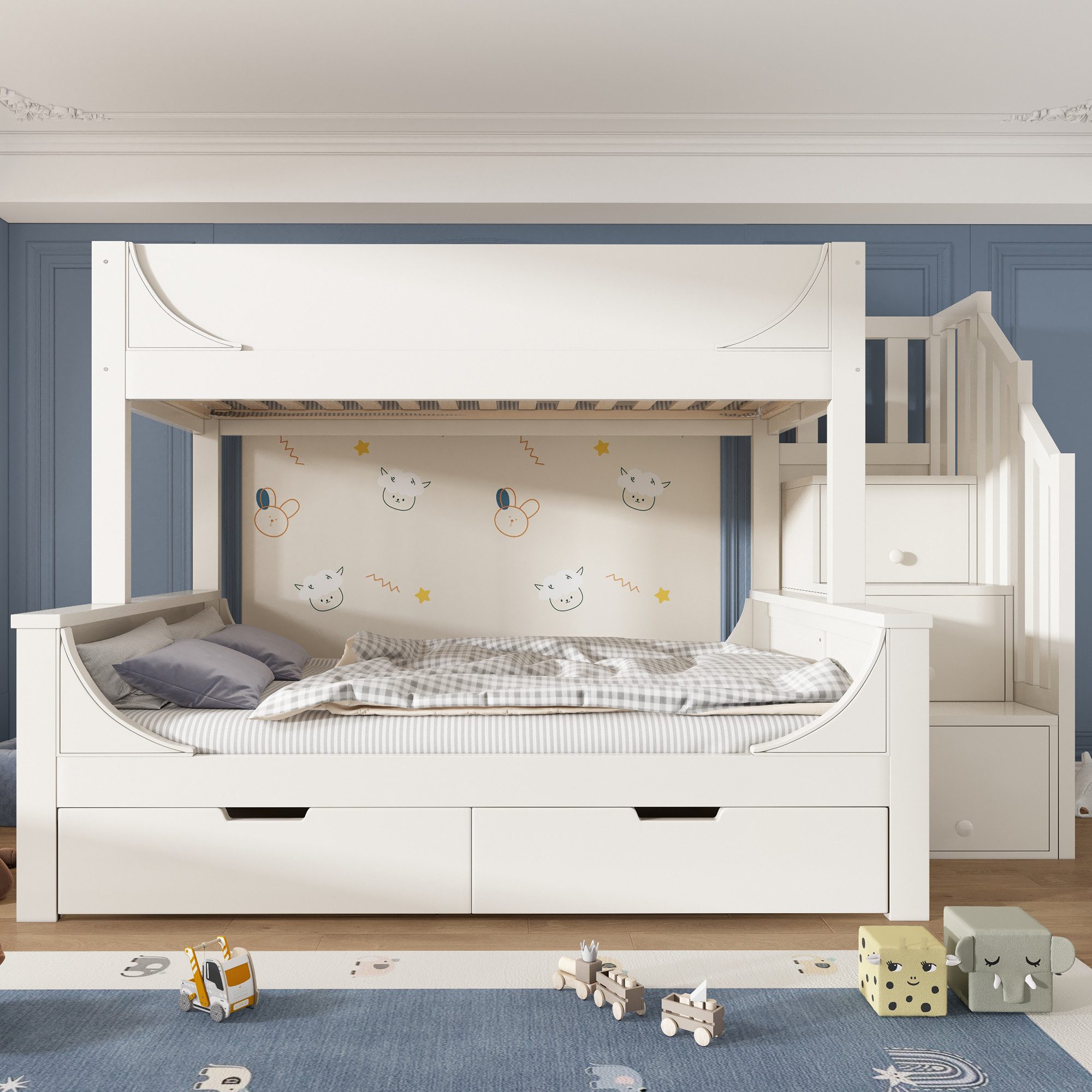 Flieks Etagenbett, Kinderbett 90/140x200cm mit Schubladen, Stauraumtreppe, Rausfallschutz