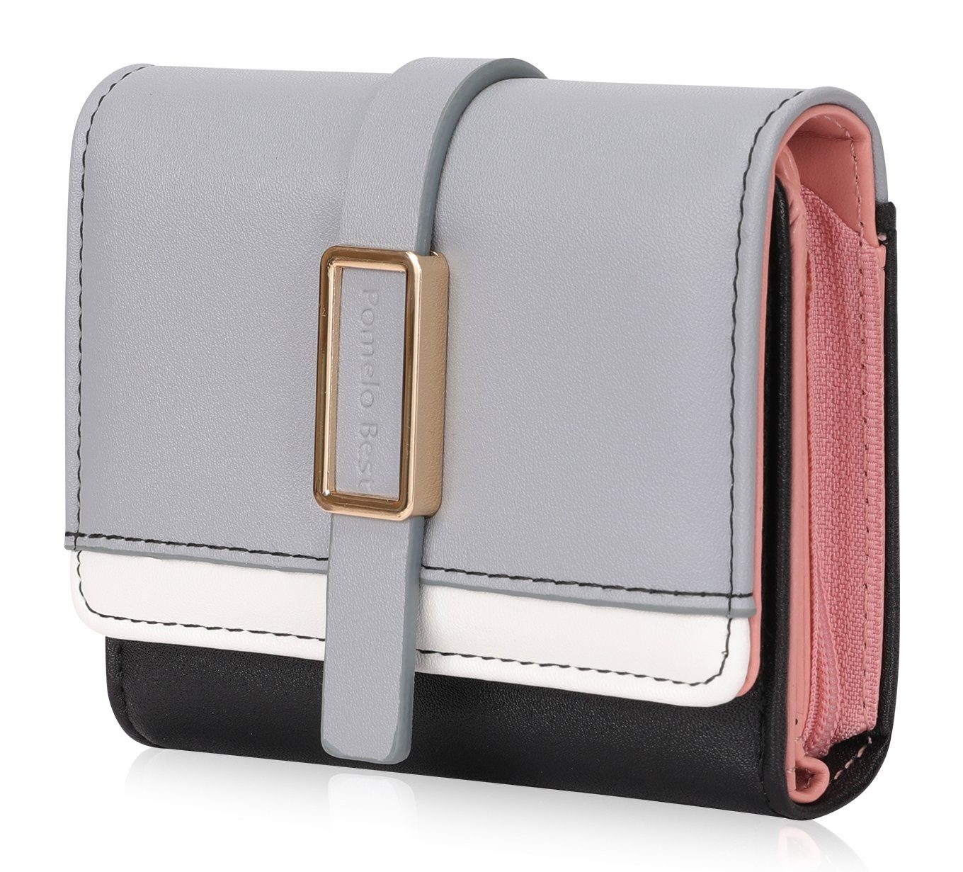 Pomelo Best Geldbörse Damen Handytasche Portemonnaie Portmonee Geldbeutel Weich Leder Kurz (Frauen Handtasche Ledergeldbörse Brieftasche mit 5 Kartenfächer, Slim Wallet, Kreditkartenetui, Kartenetui, Kartenhalter), NFC RFID-Schutz mit Münzfach Groß 10.5 x 9.5 x 3.5cm Grau/Weiß/Schwarz