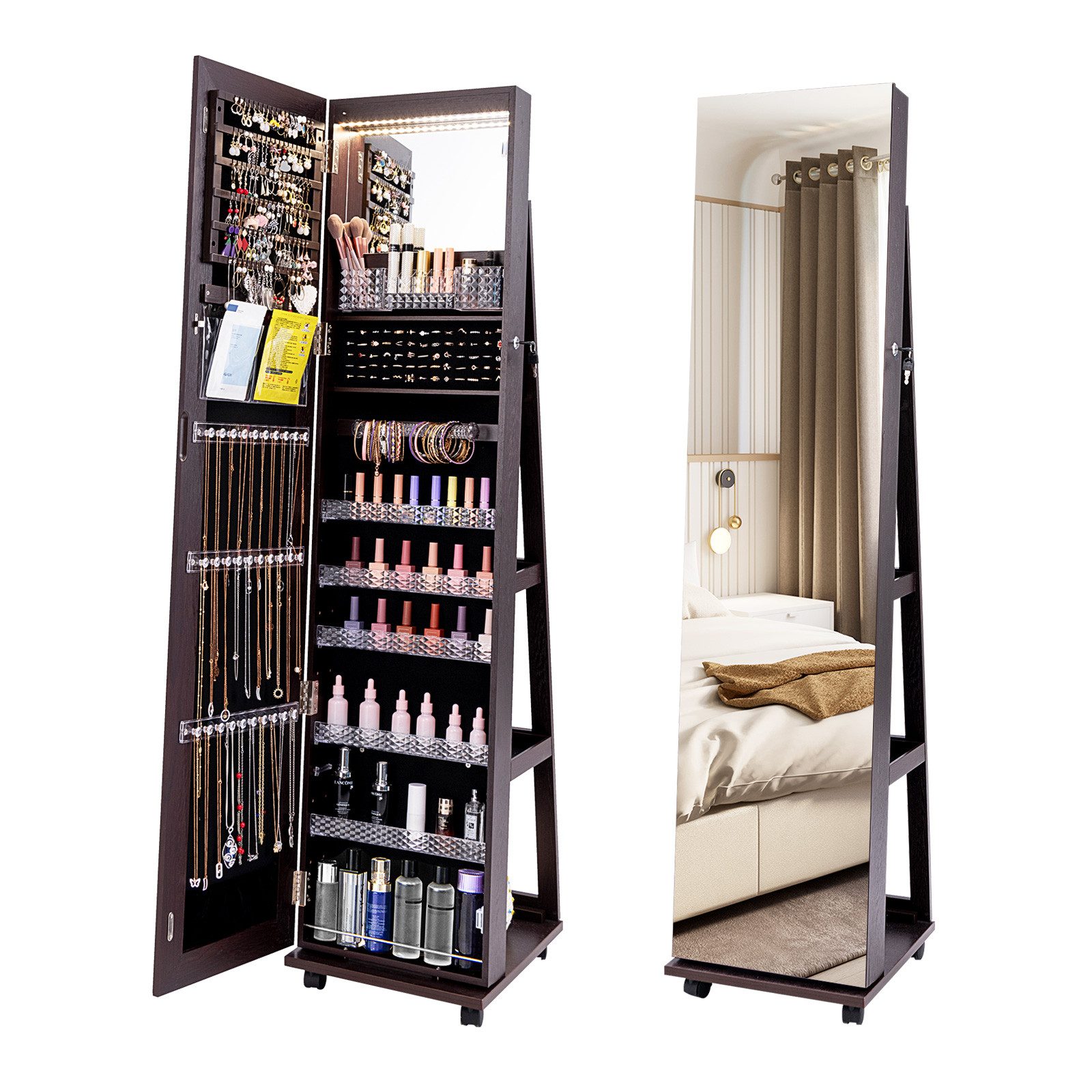 COSTWAY Schmuckschrank mit Spiegel & LED, auf Rollen, stehend, abschließbar