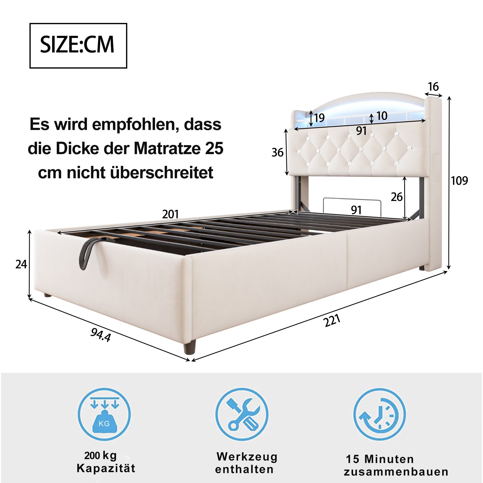 Merax Polsterbett (1-tlg), Kinderbett 90x200cm mit LED USB Ablagefach Staur günstig online kaufen