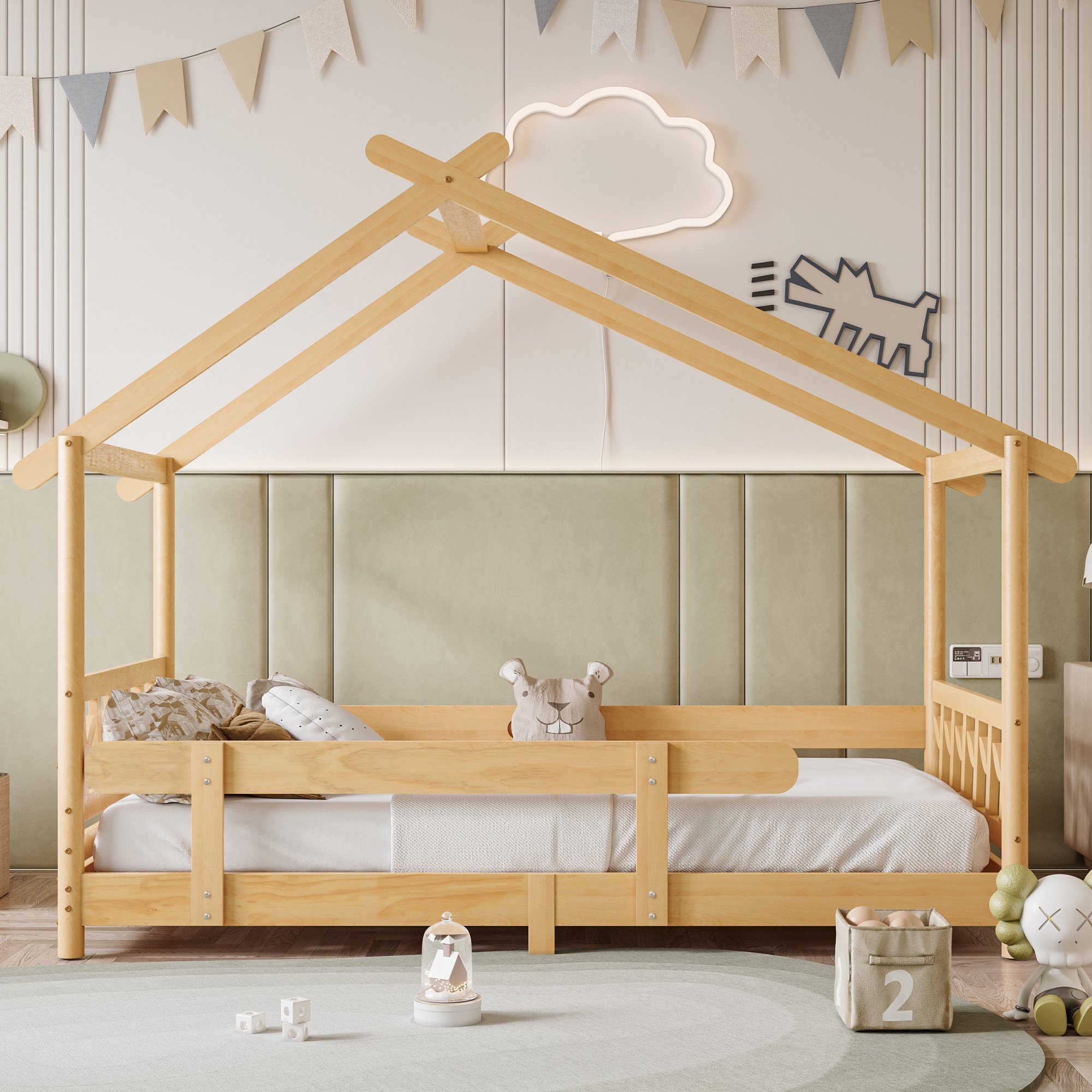 Ulife Kinderbett mit Gitter und Lattenrost, Rausfallschutz, 90 × 200 cm Natur | Natur | Natur